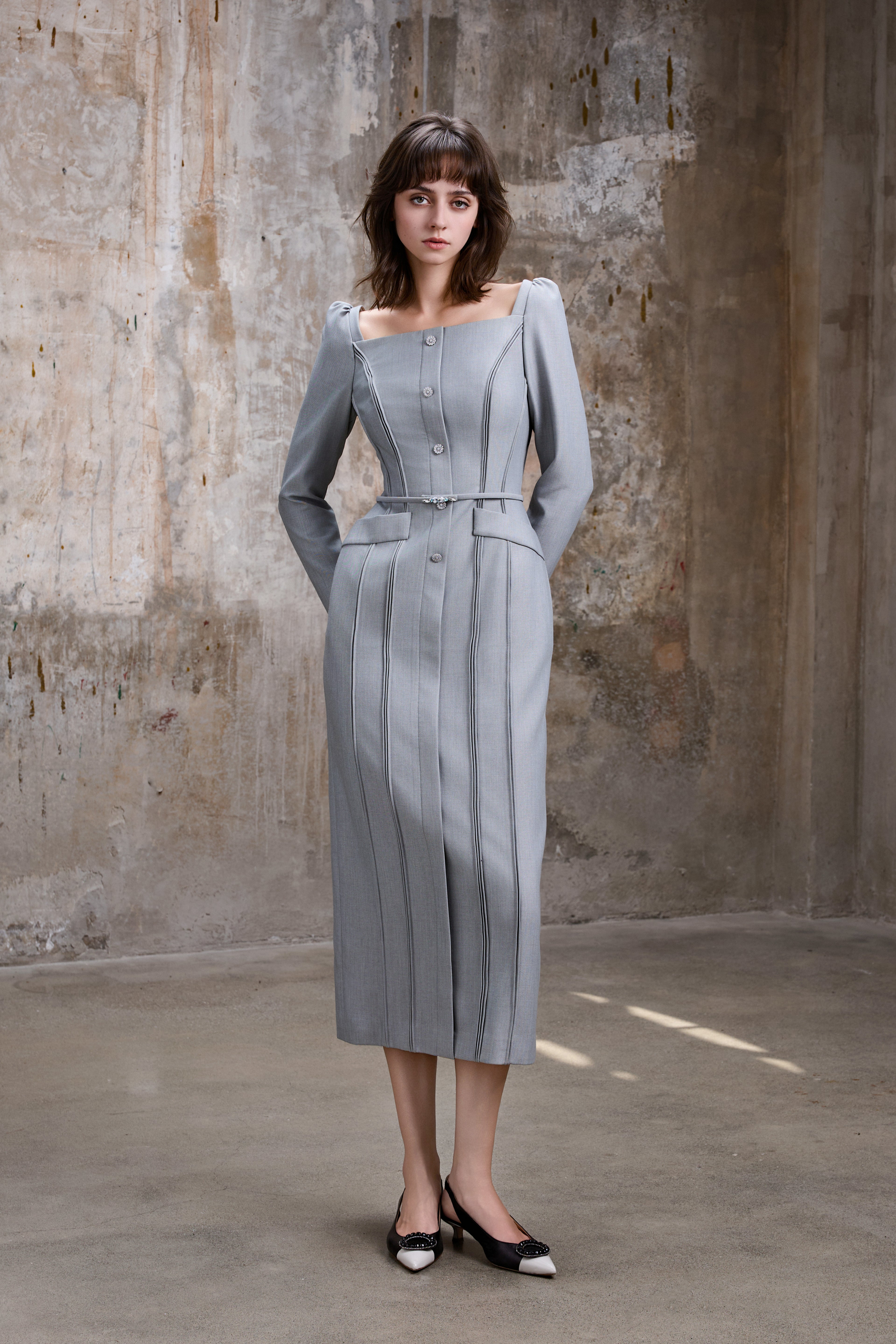 Square Neckline Midi Dress