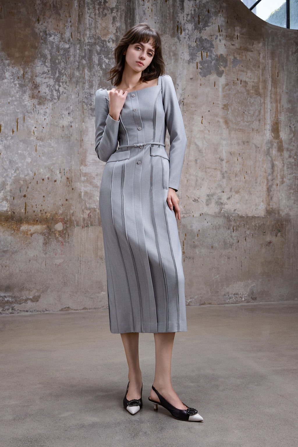 Square Neckline Midi Dress