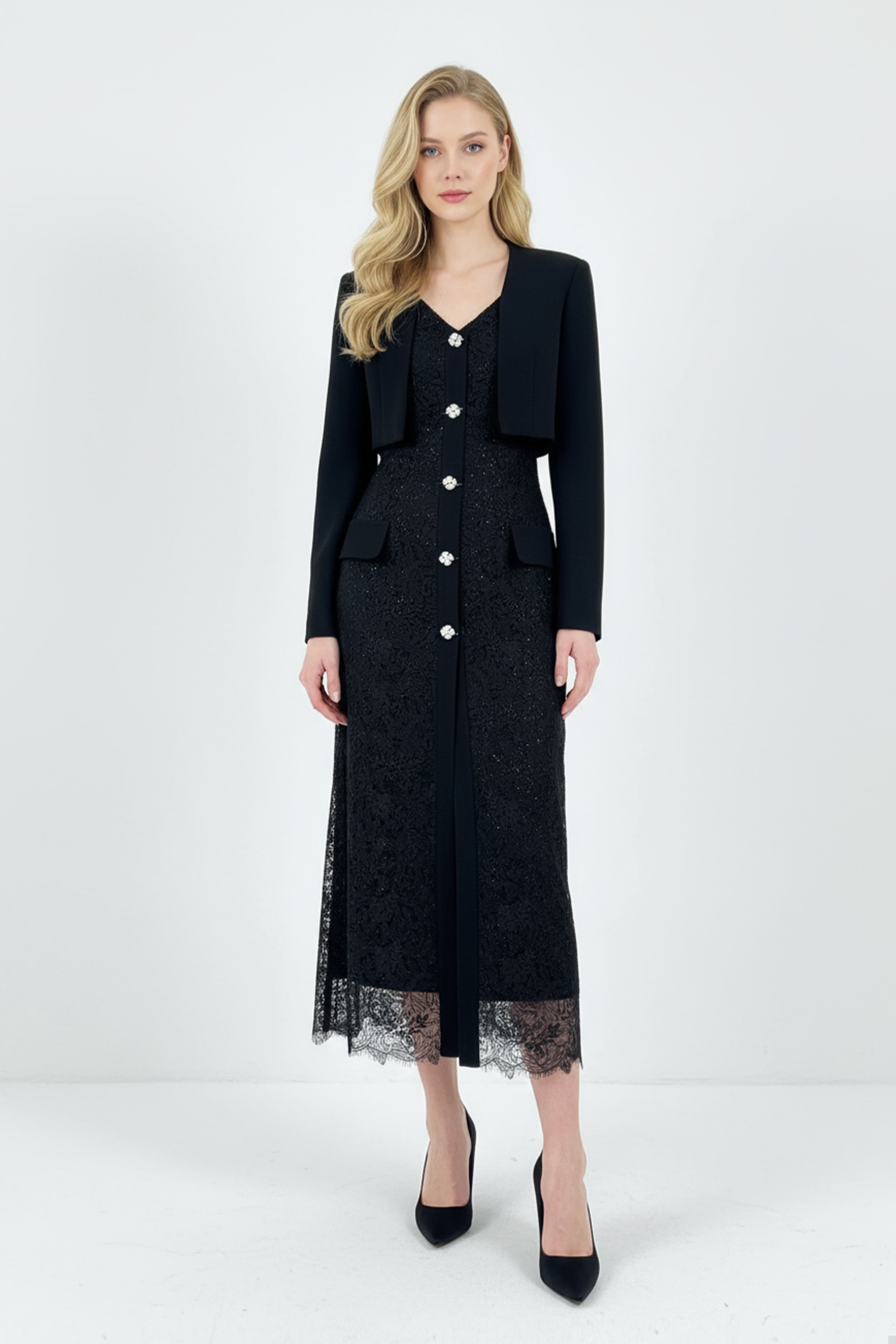 Black lace dress with built-in blazer