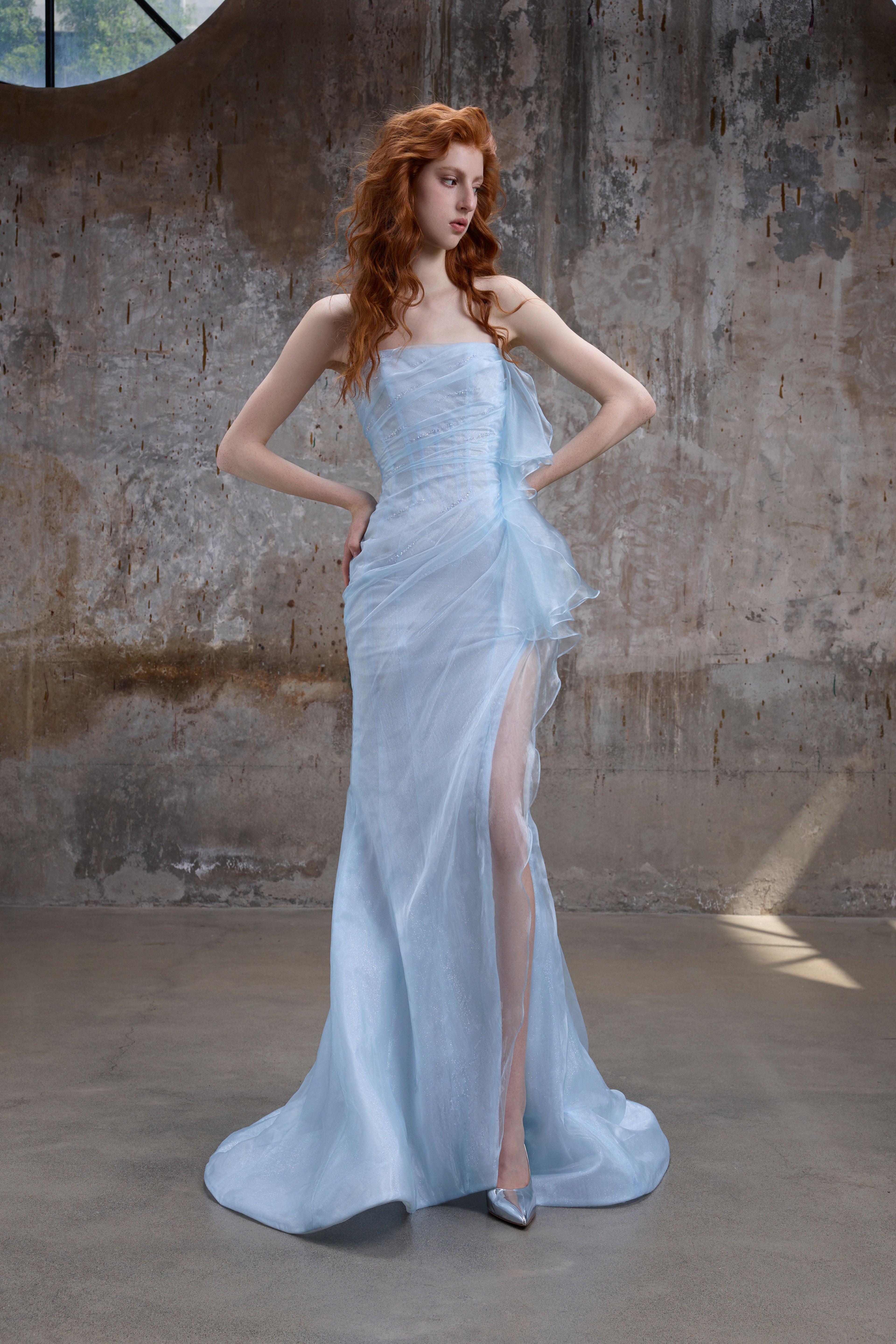 Powder Blue Ruched Tulle Gown