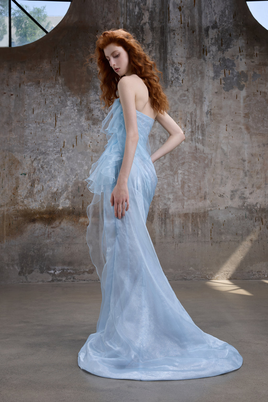 Powder Blue Ruched Tulle Gown
