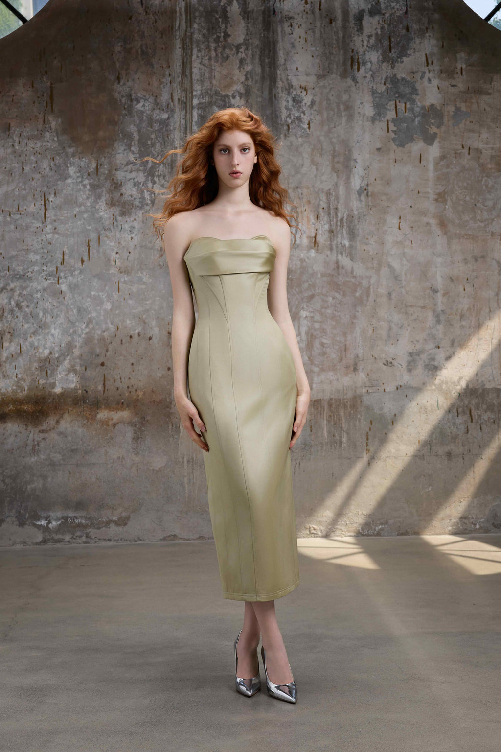 Champagne Green Structured Strapless Midi Dress