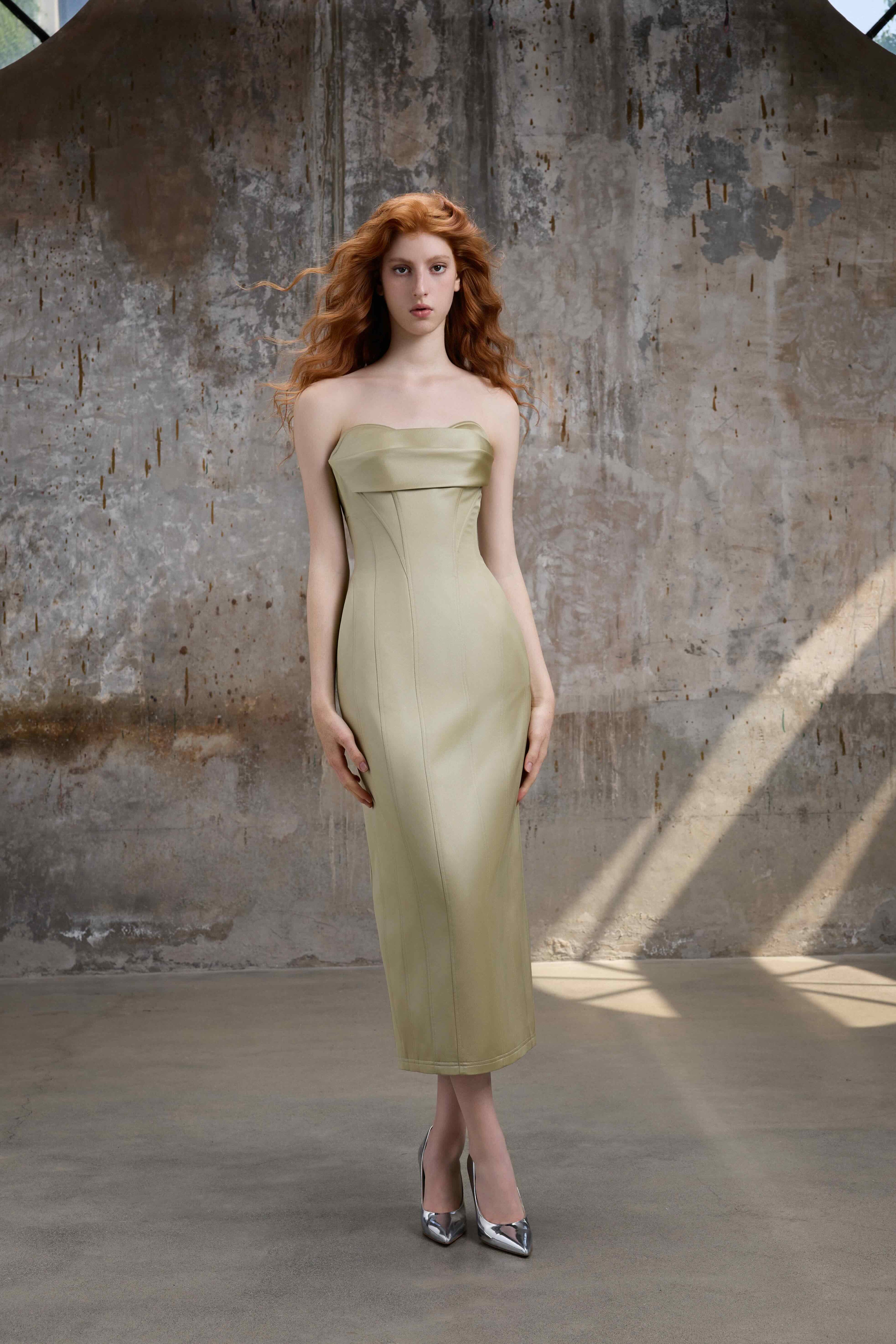 Champagne Green Structured Strapless Midi Dress