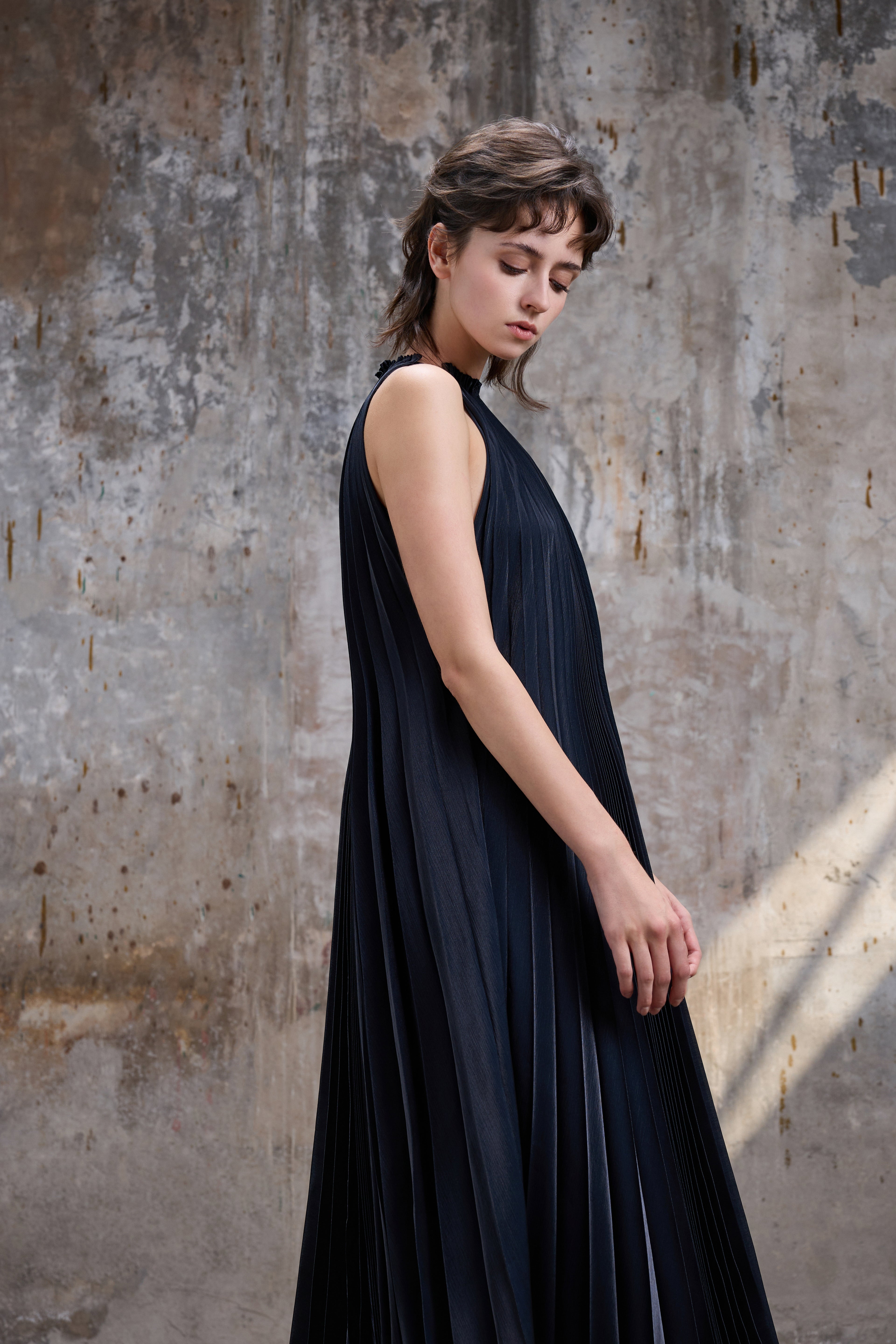 Black Pleated Haltern Gown