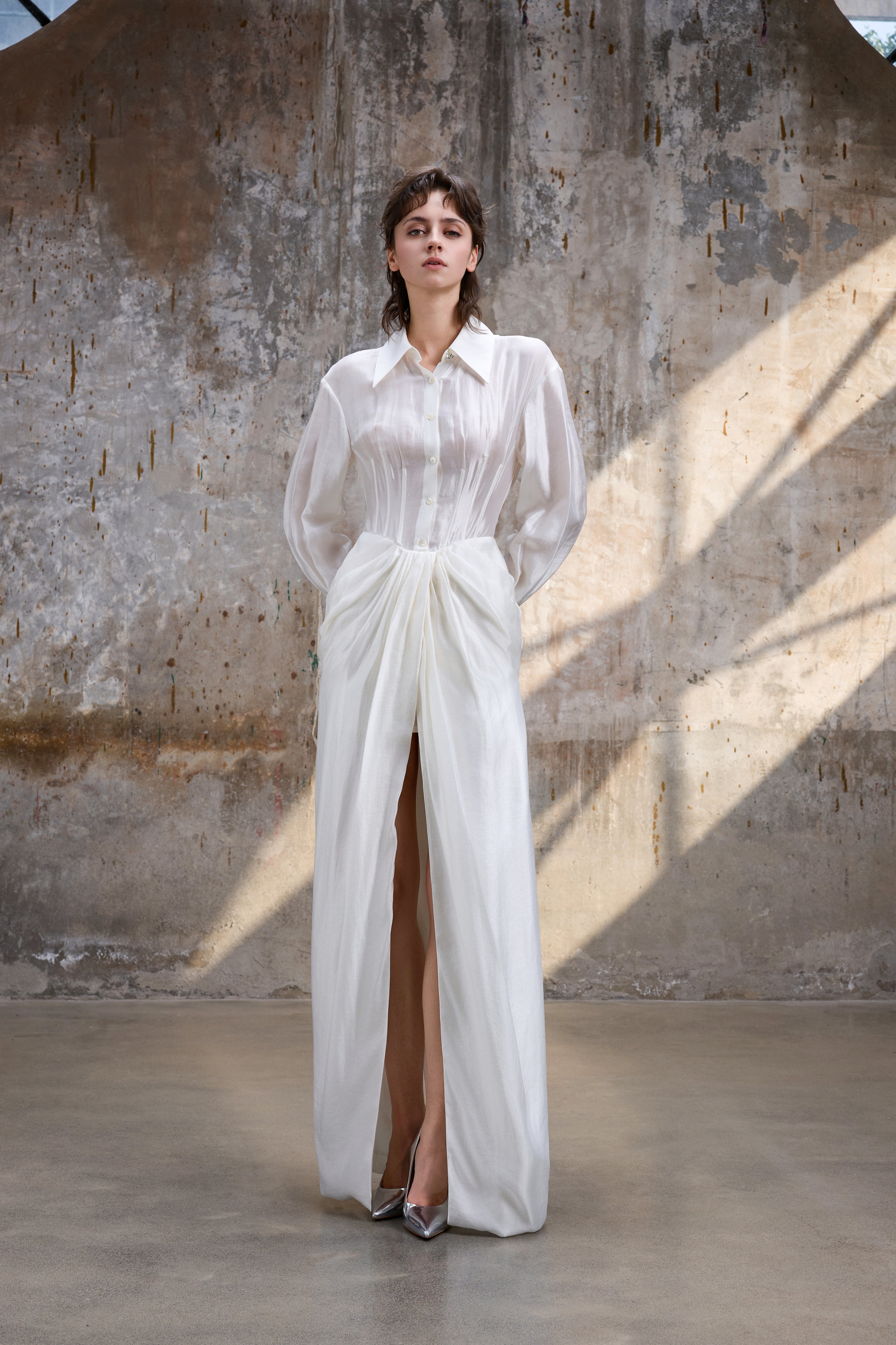 Draped Satin Maxi- White