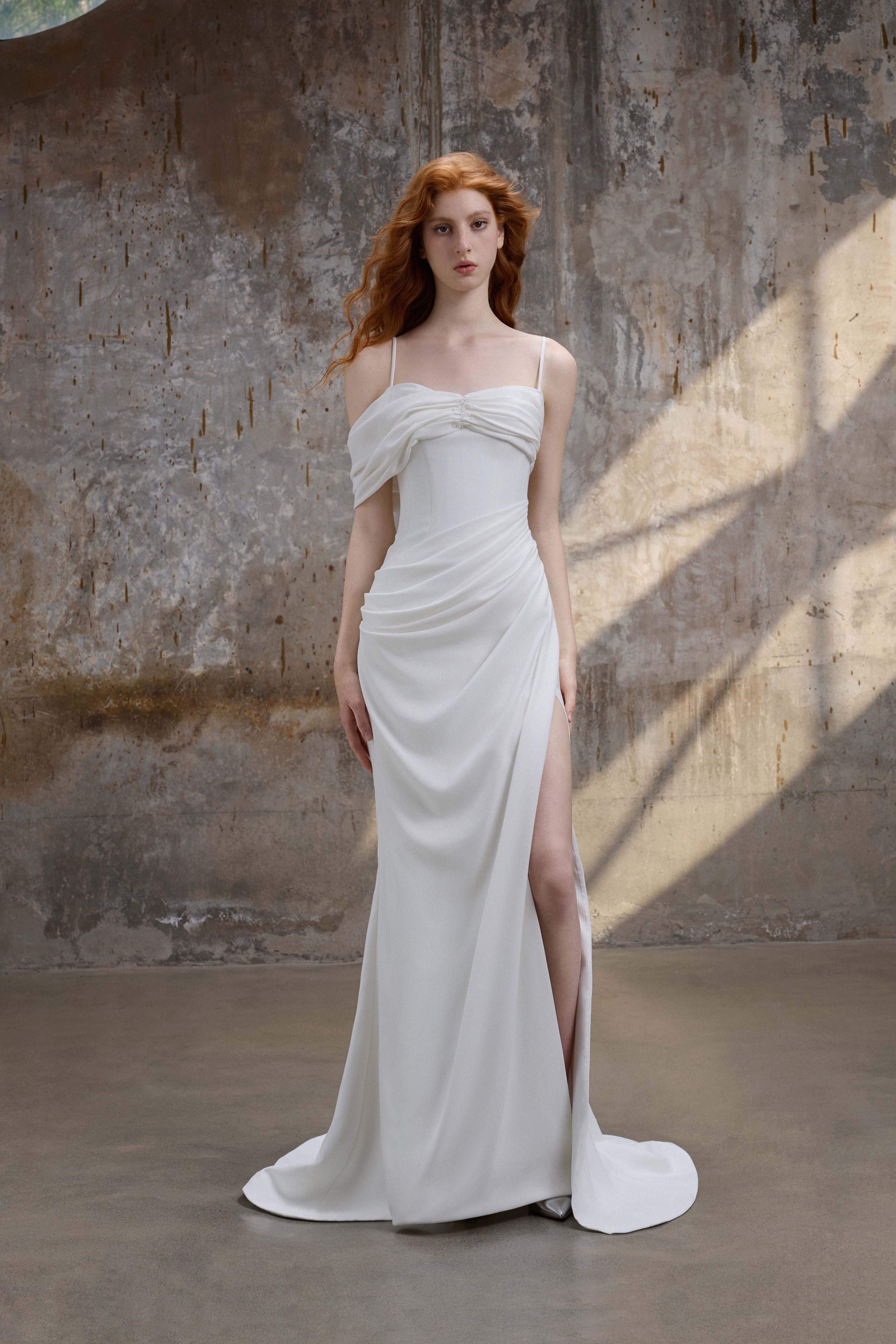 White Ruched Off-the-Shoulder Dress