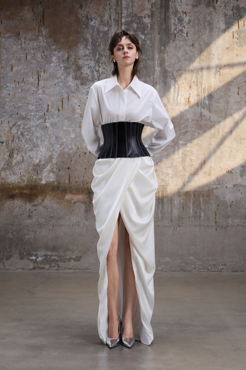 White Ruched Slit Skirt