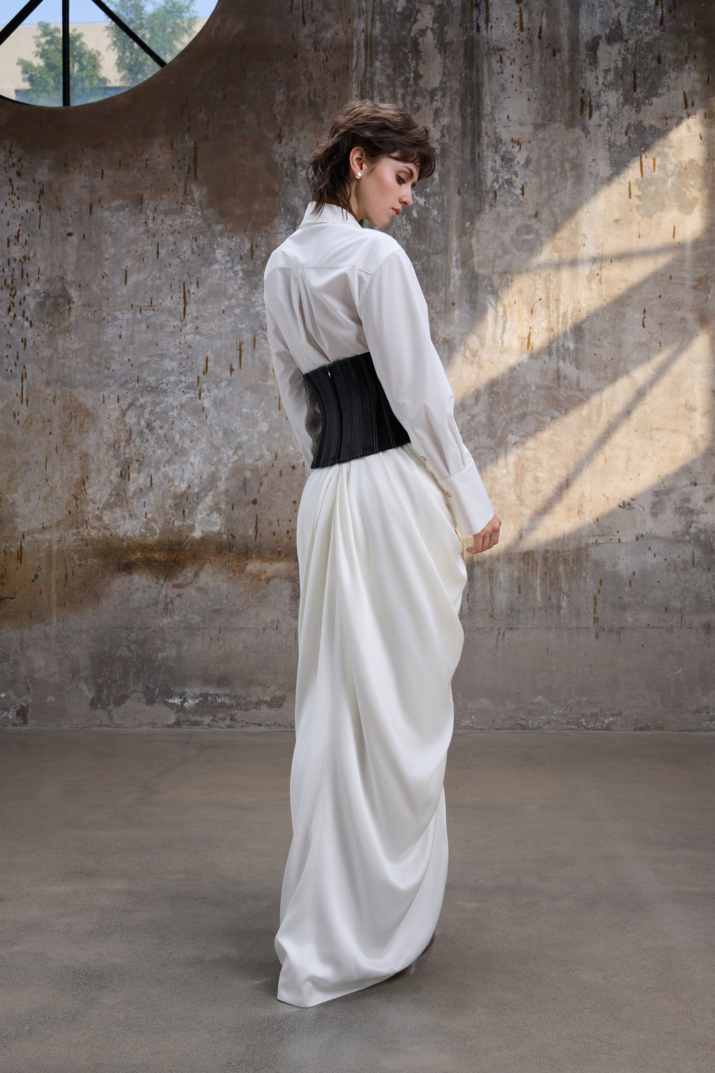White Ruched Slit Skirt