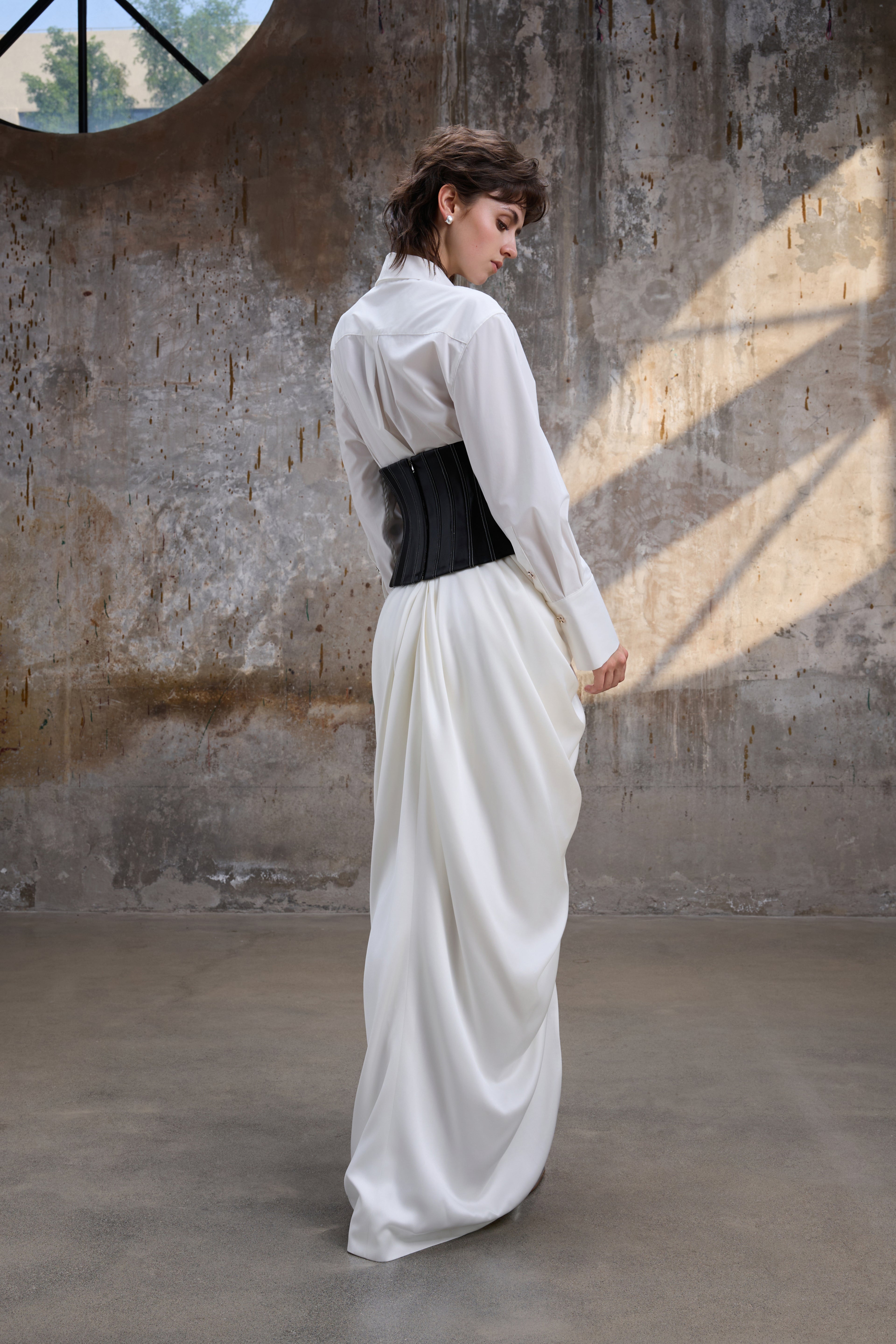 White Ruched Slit Skirt