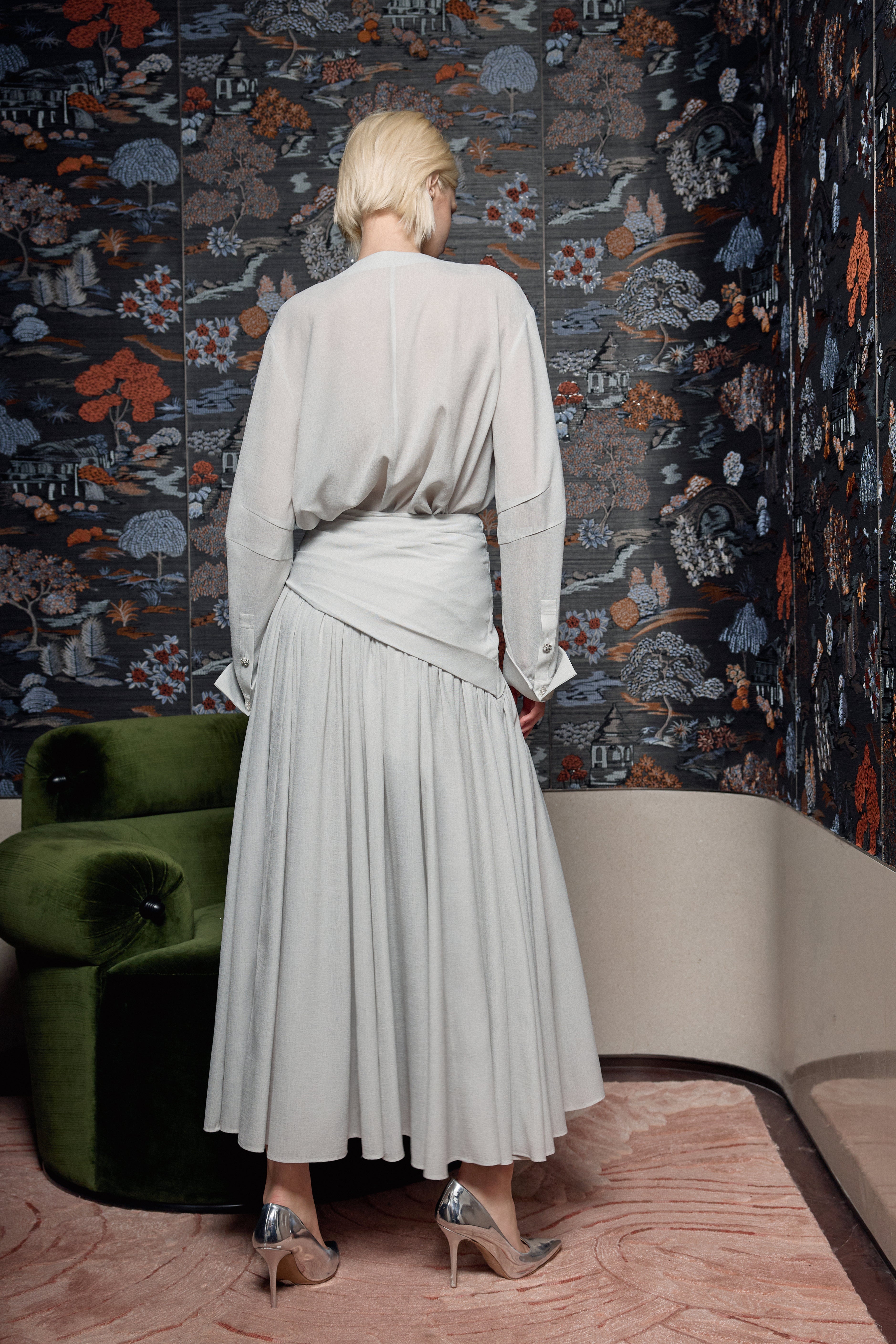 Grey-Green Draped Waist Pleated Maxi Skirt