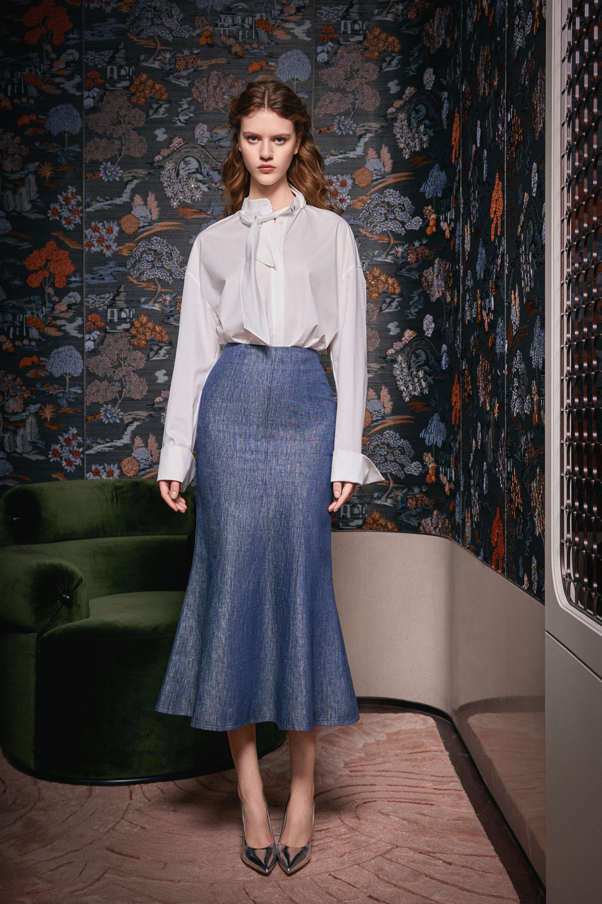 Denim Fishtail Midi Skirt
