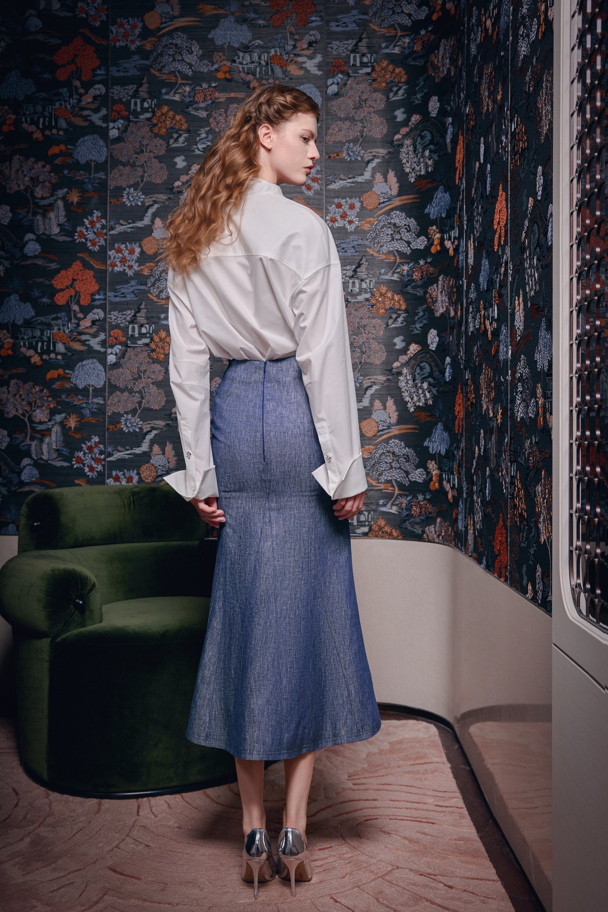 Denim Fishtail Midi Skirt