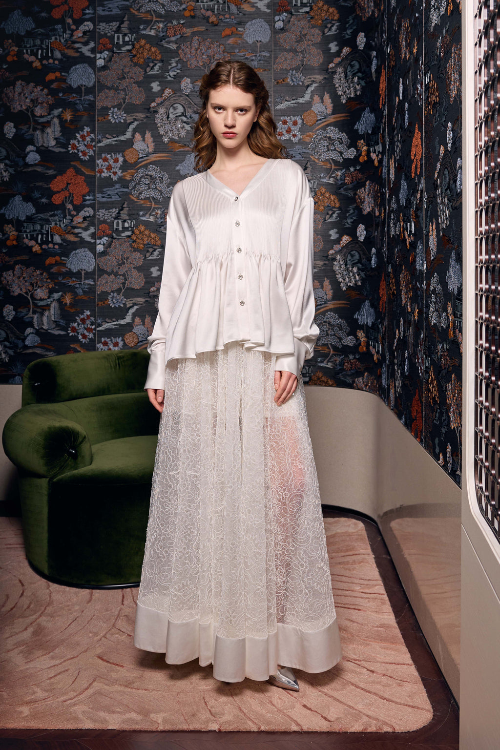 Ivory Pleated Satin Blouse