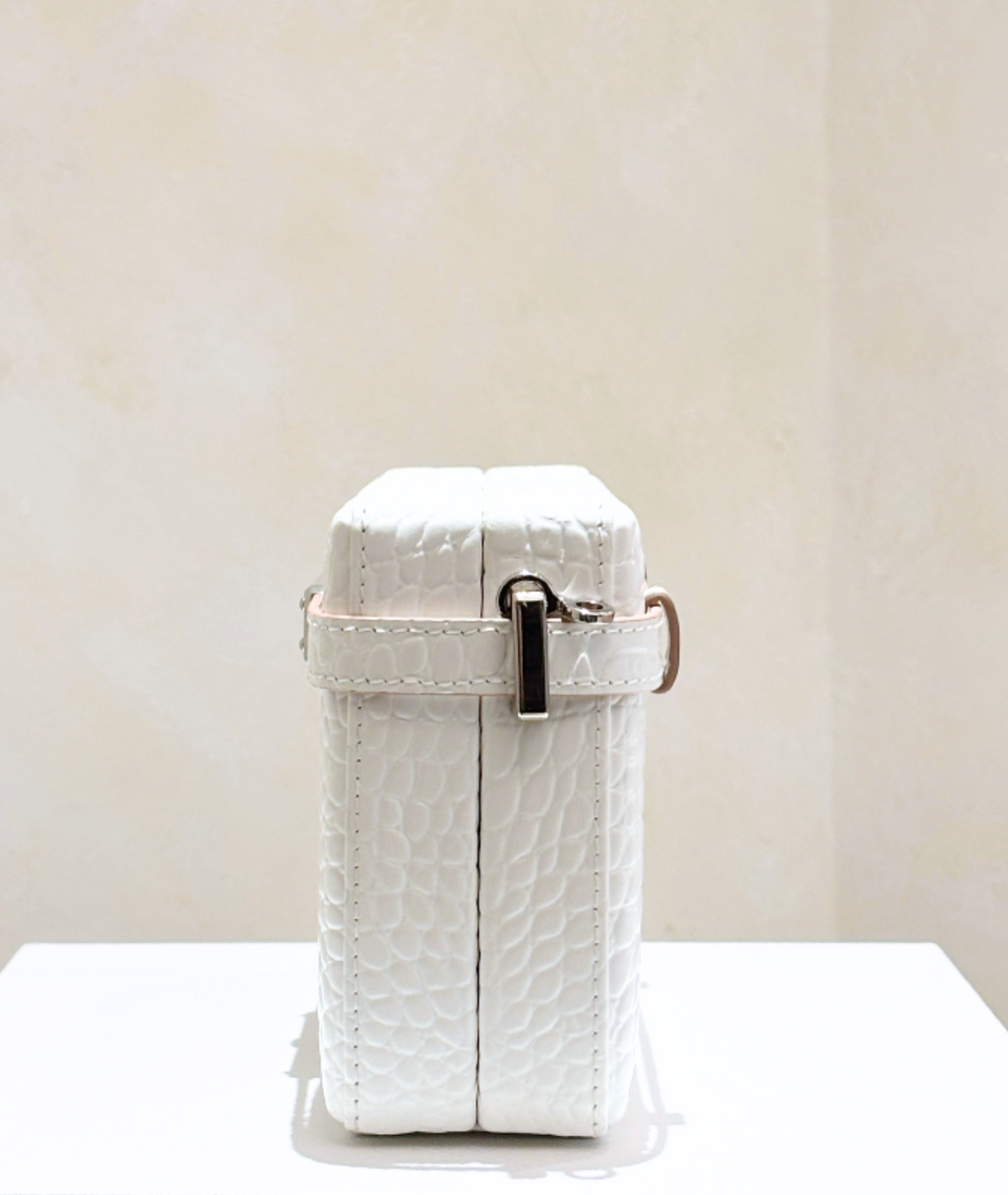 White Faux Crocodile Leather Clutch