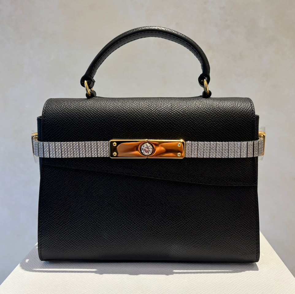 Black Top Handle Leather Diamanté Bag