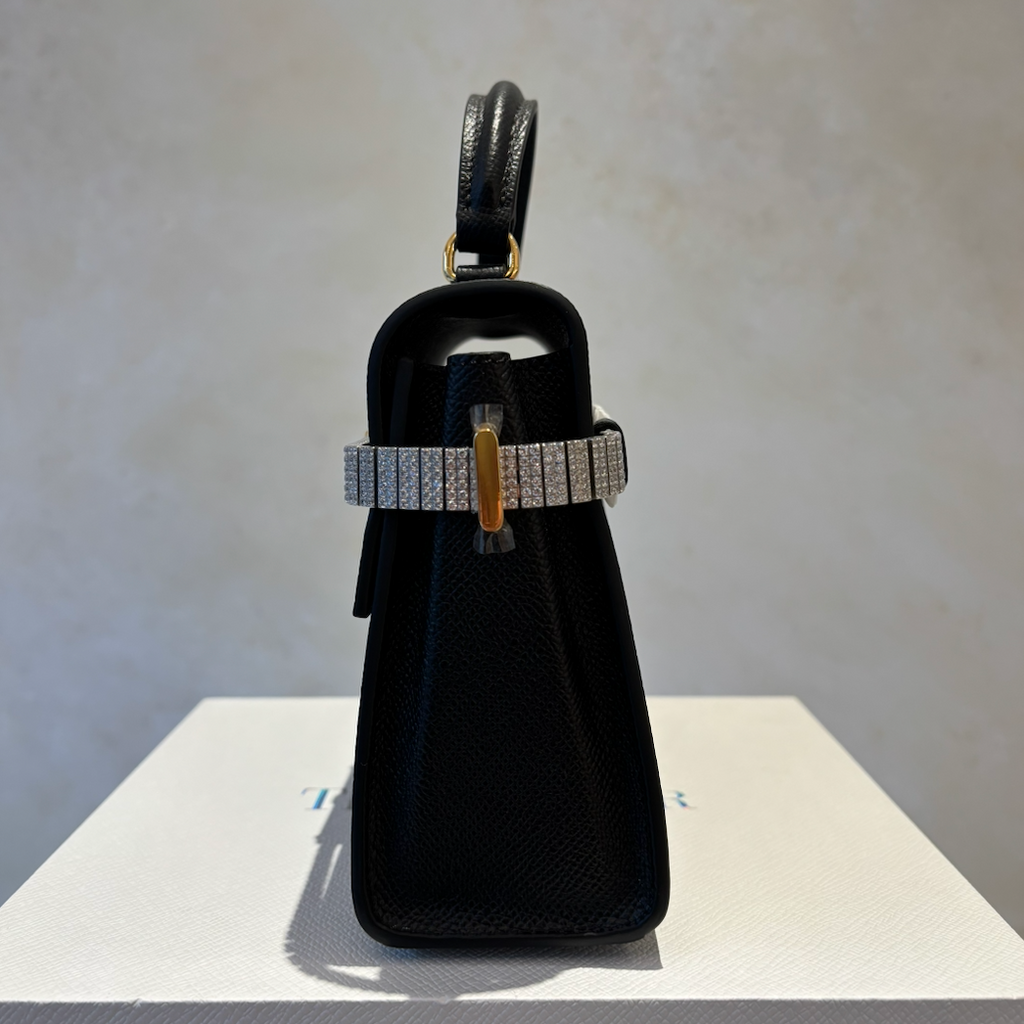 Black Top Handle Leather Diamanté Bag