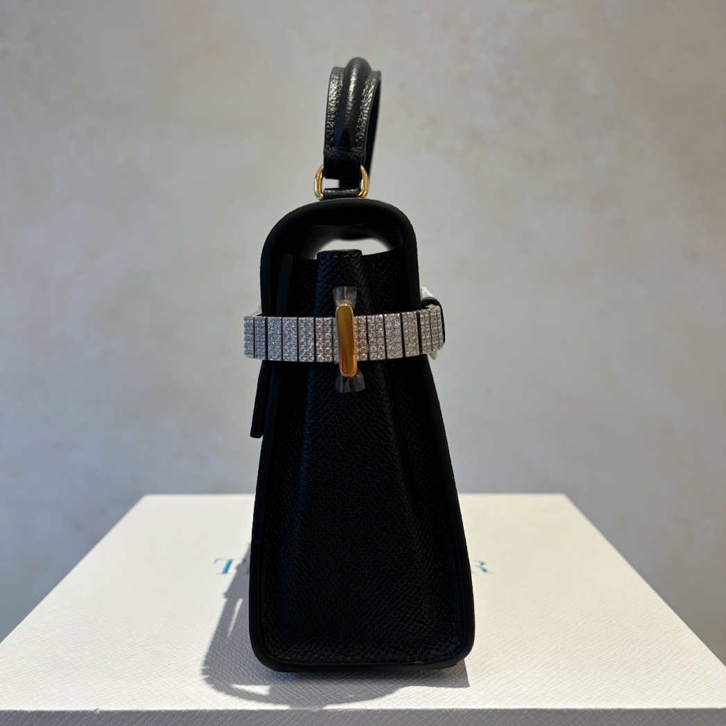 Black Top Handle Leather Diamanté Bag