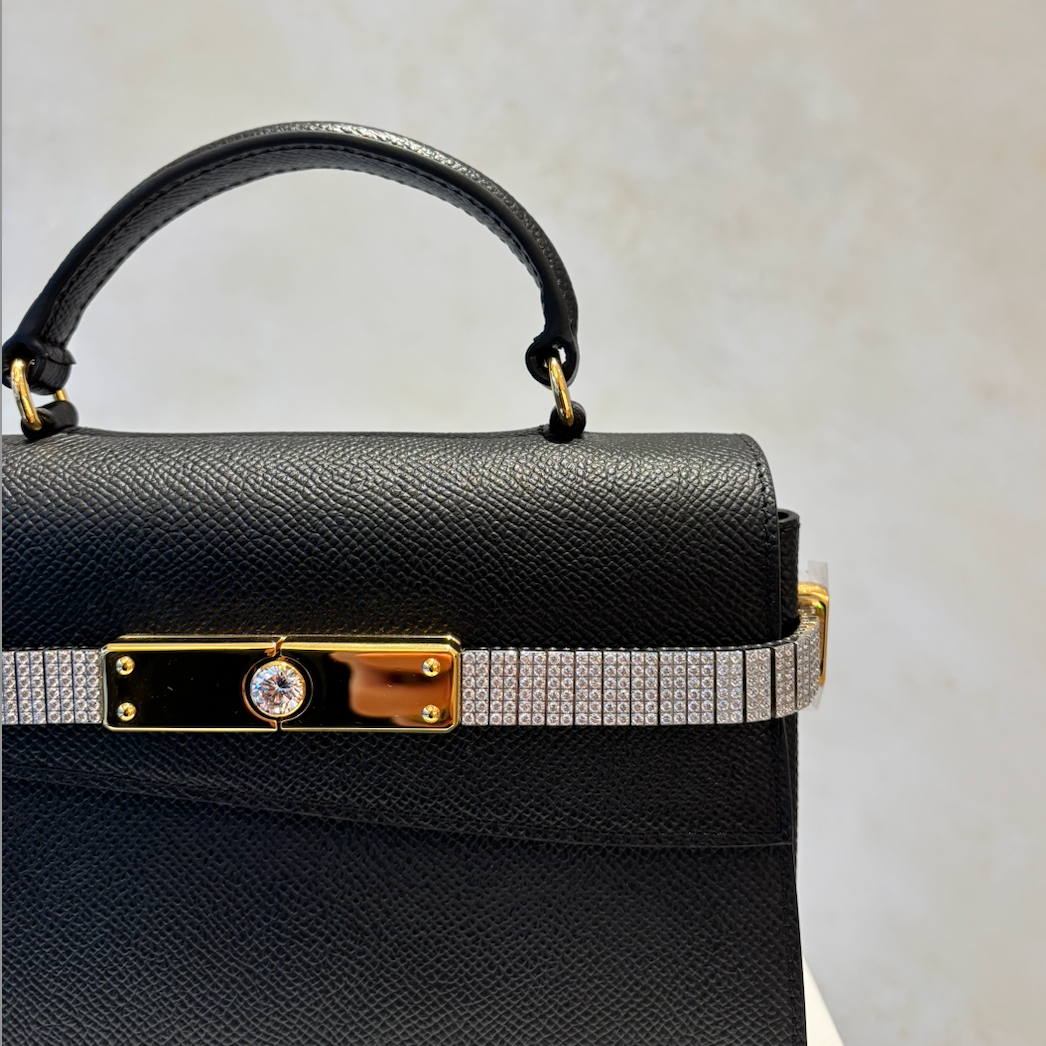 Black Top Handle Leather Diamanté Bag