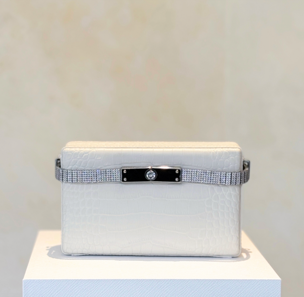 White Crocodile Print Leather Diamanté Clutch