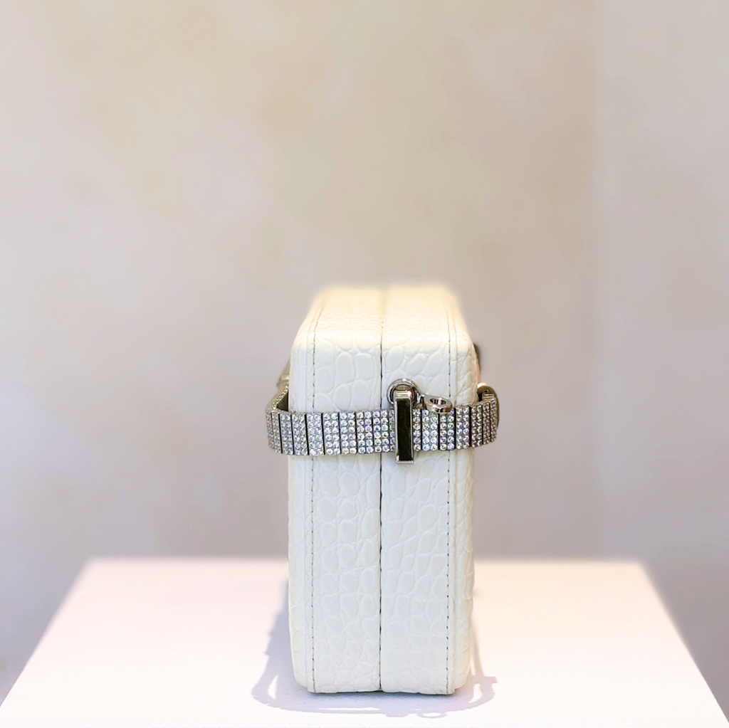White Crocodile Print Leather Diamanté Clutch