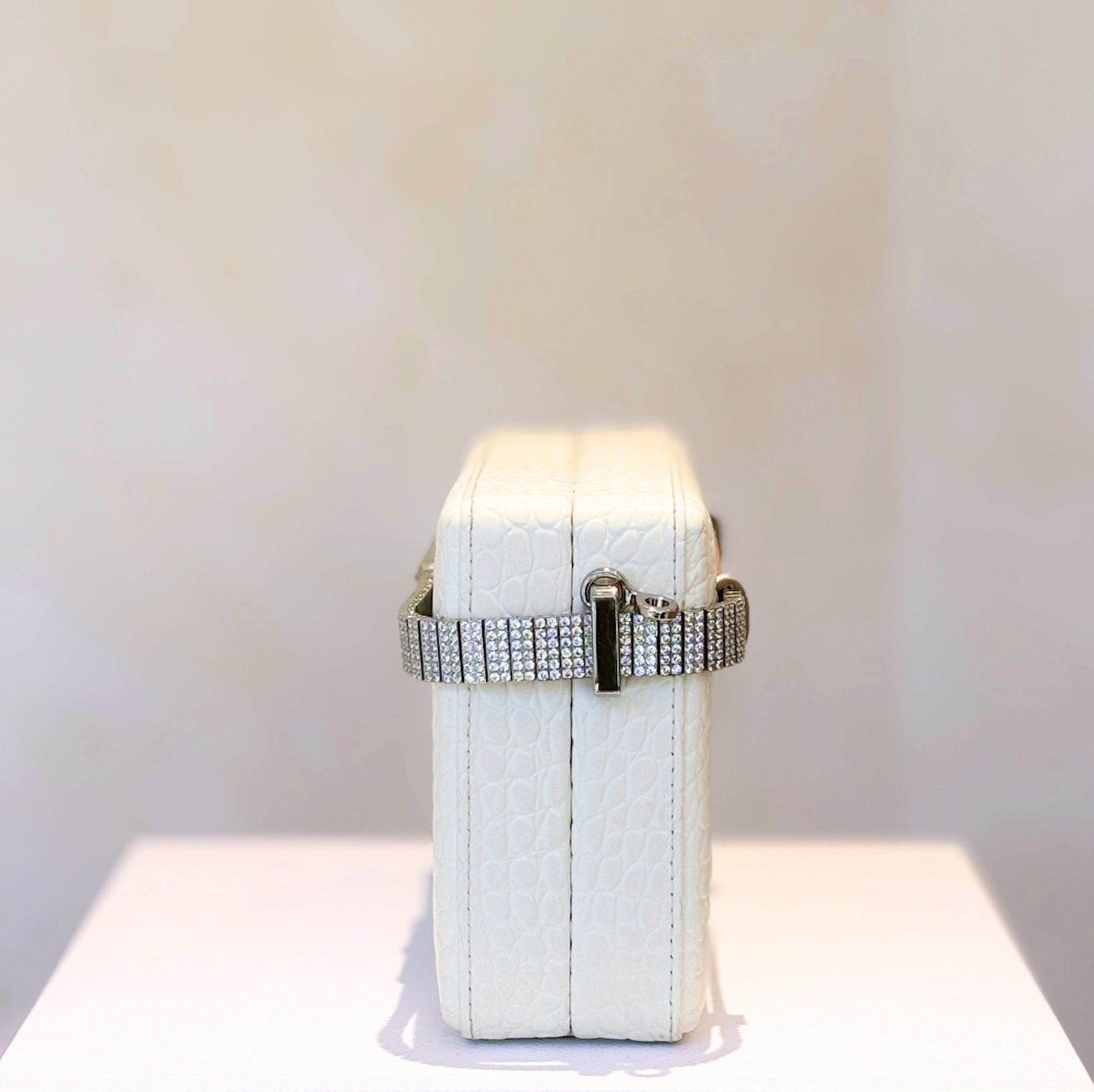 White Crocodile Print Leather Diamanté Clutch