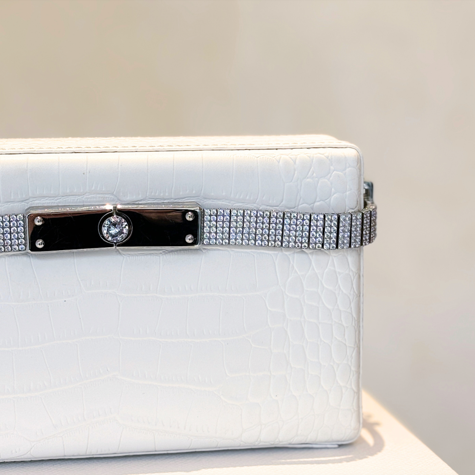 White Crocodile Print Leather Diamanté Clutch
