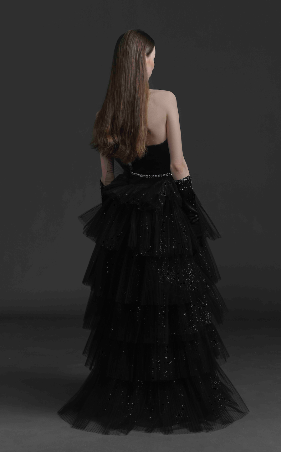 Black Pleated Tulle Evening Dress