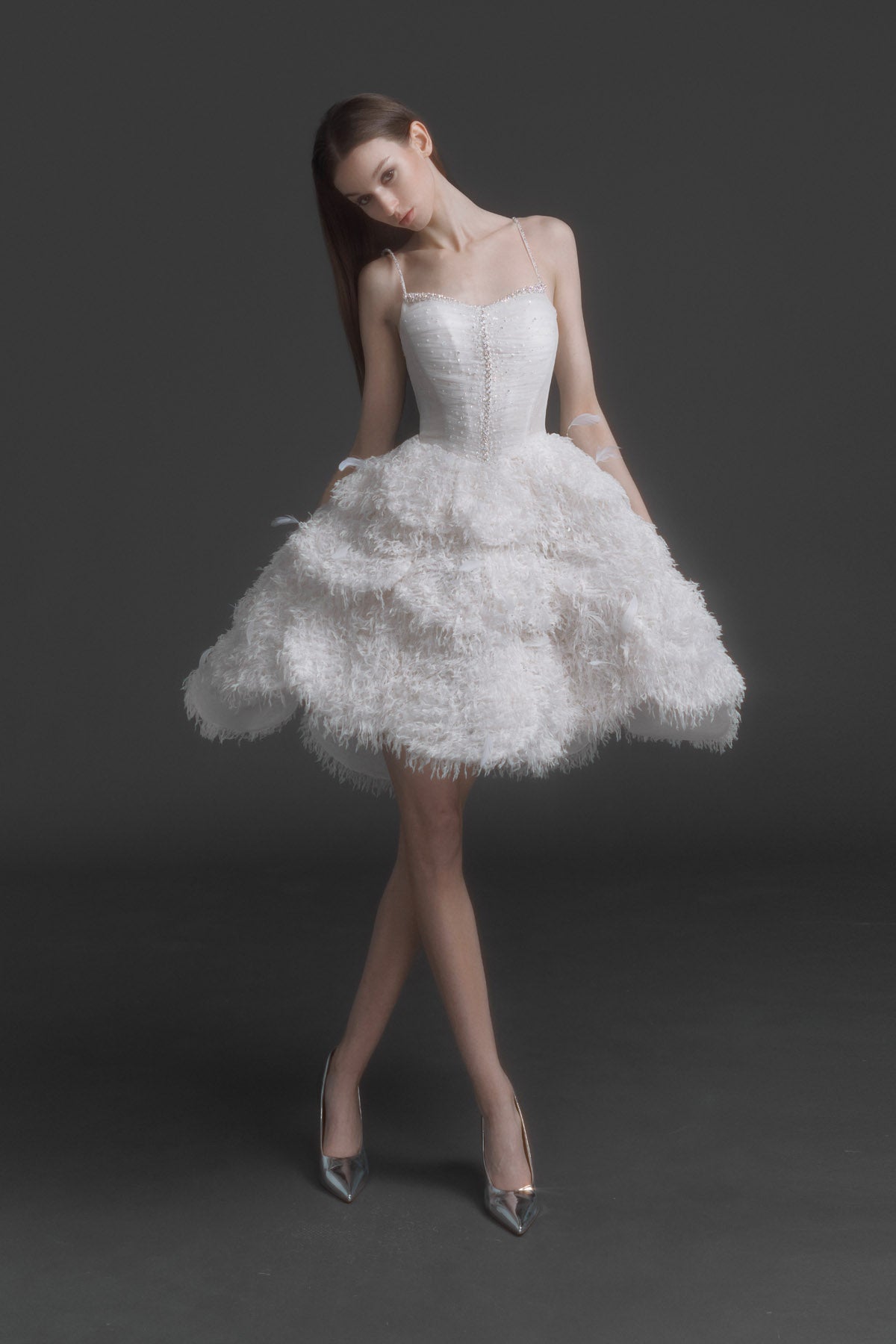 Feathered Structured Mini Dress