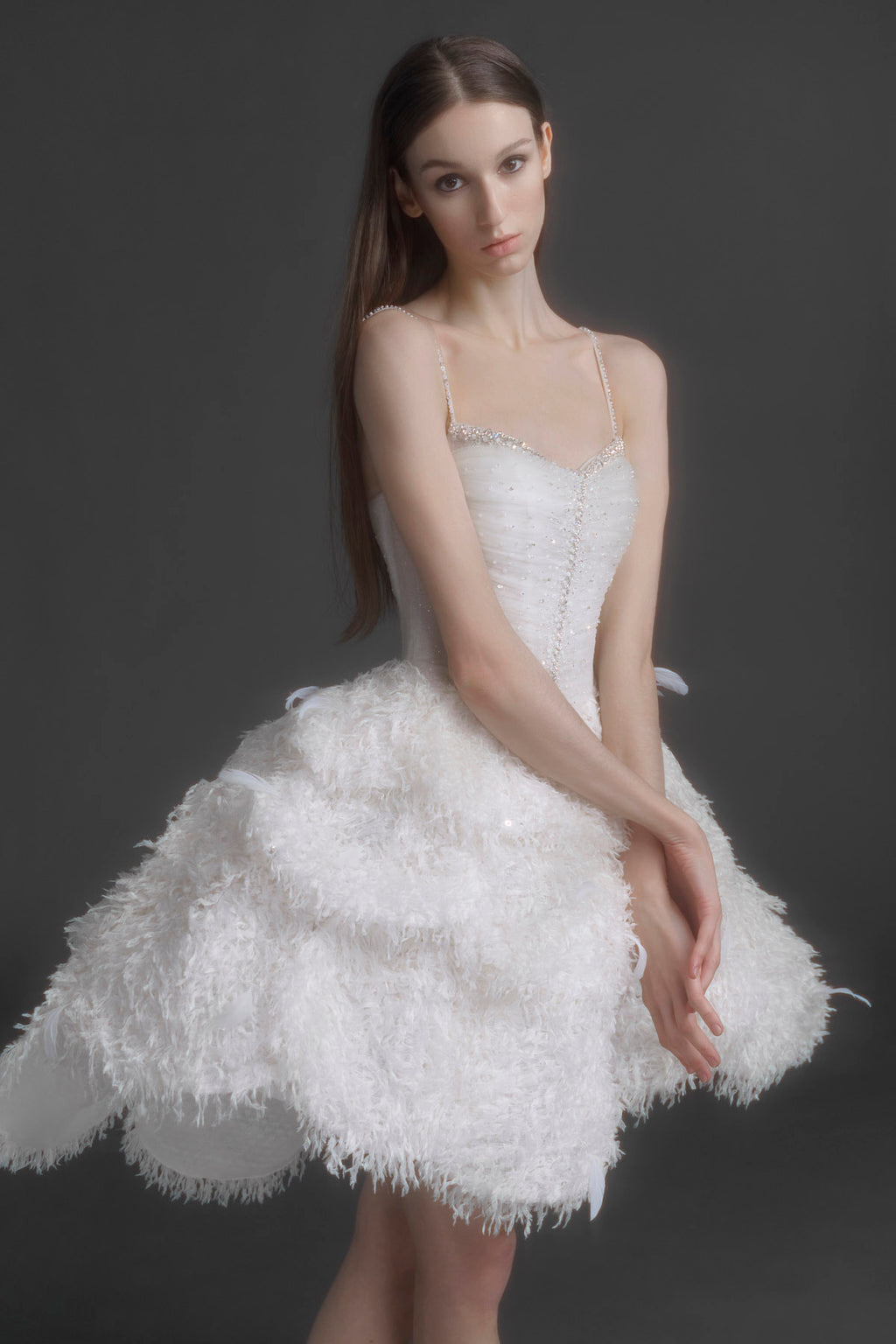 Feathered Structured Mini Dress
