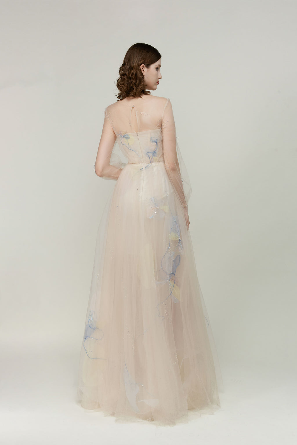 Peach Tulle Gown with Floral Embellishments