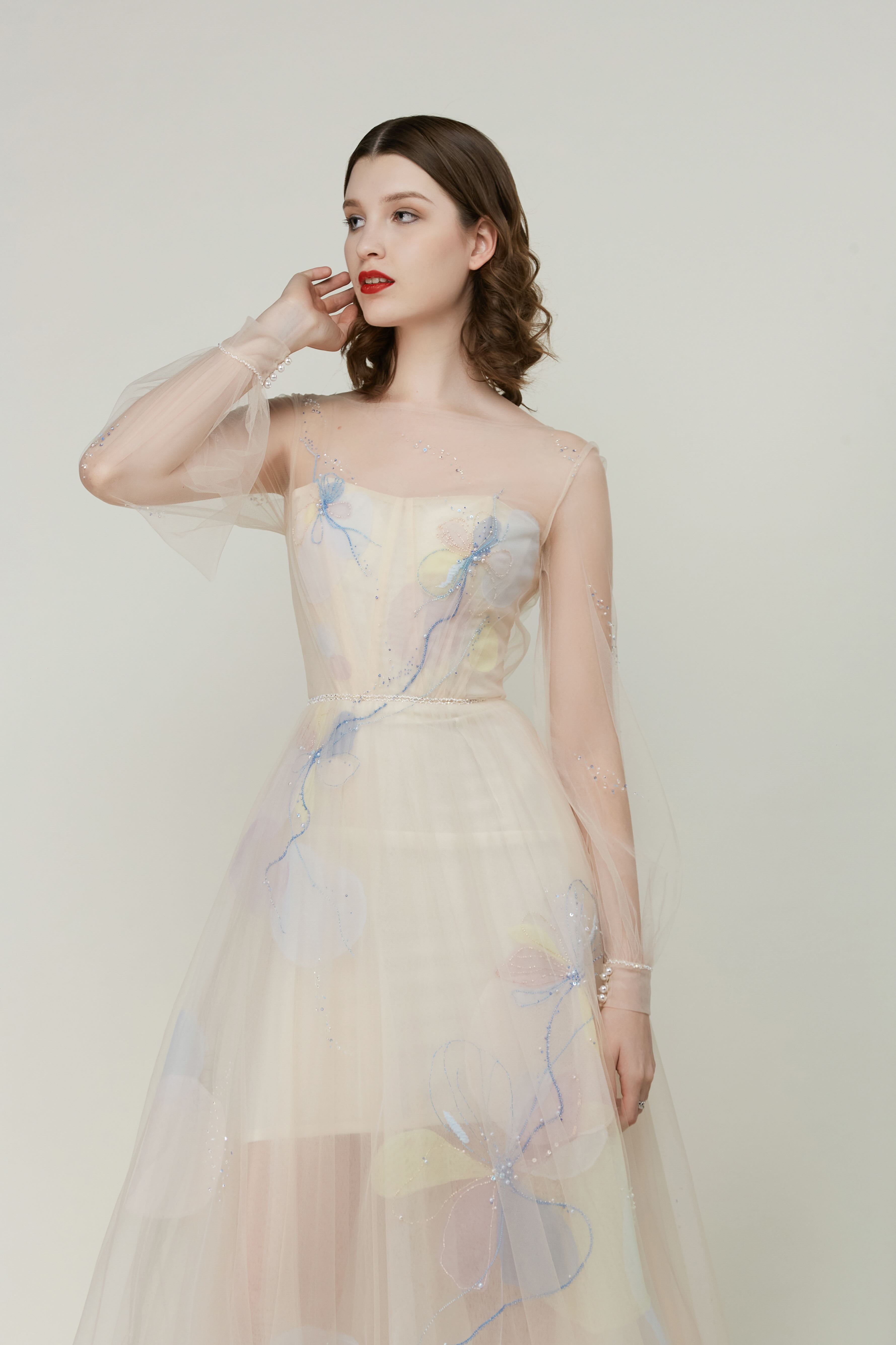 Peach Tulle Gown with Floral Embellishments