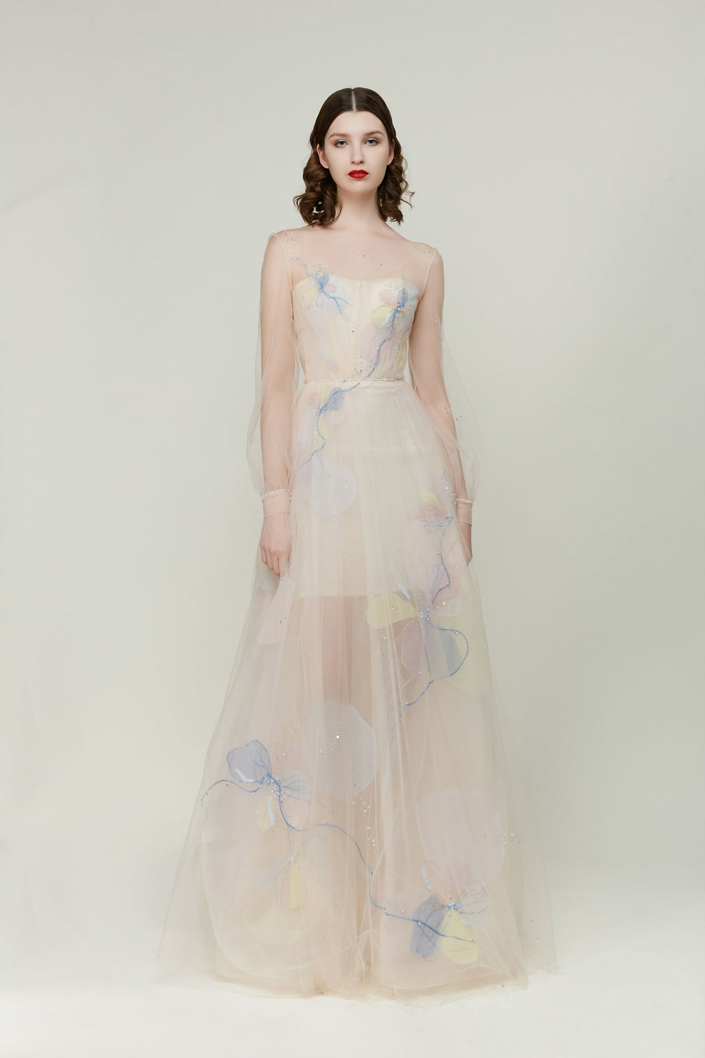Peach Tulle Gown with Floral Embellishments