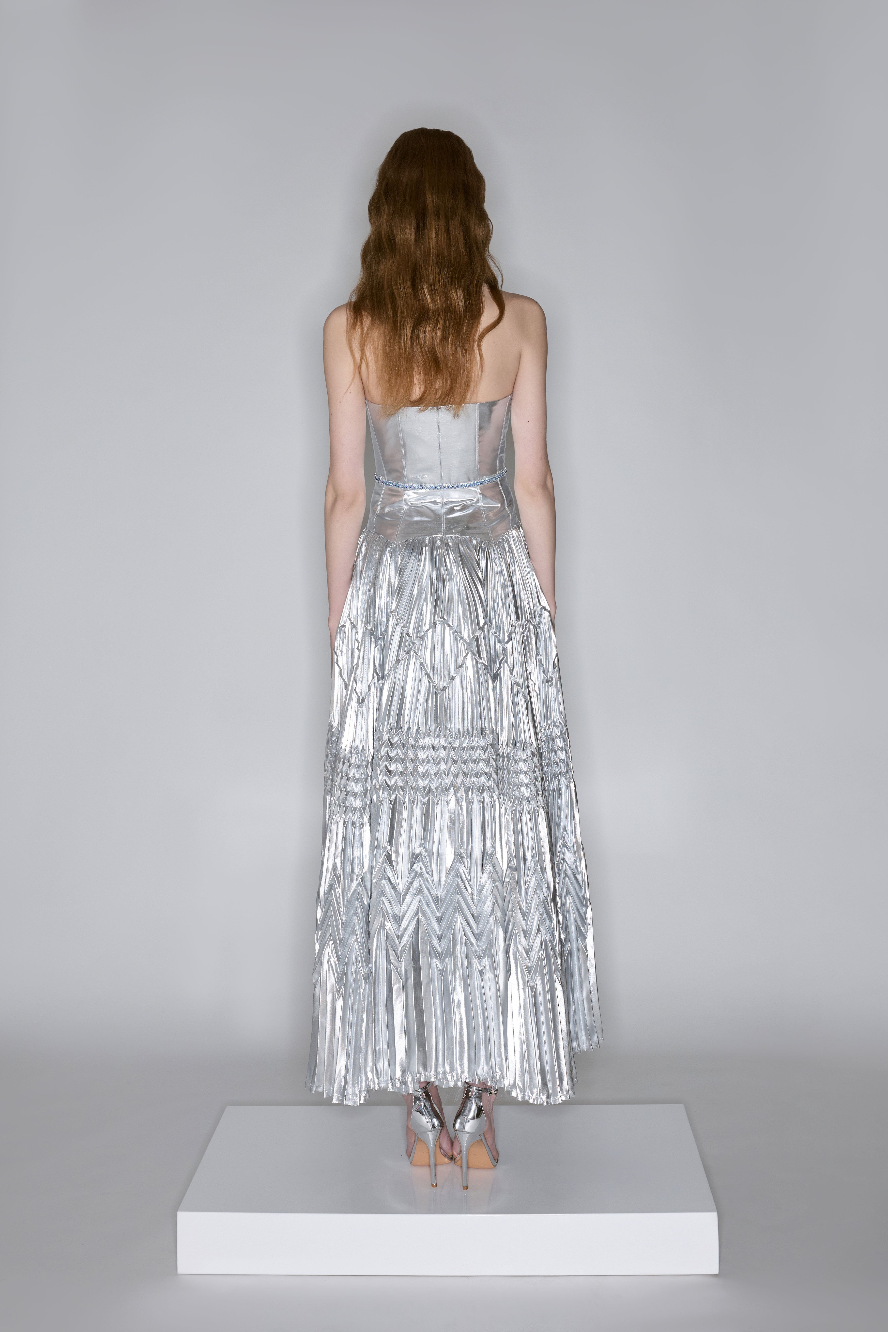 Silver Strapless Pleated Maxi Dress