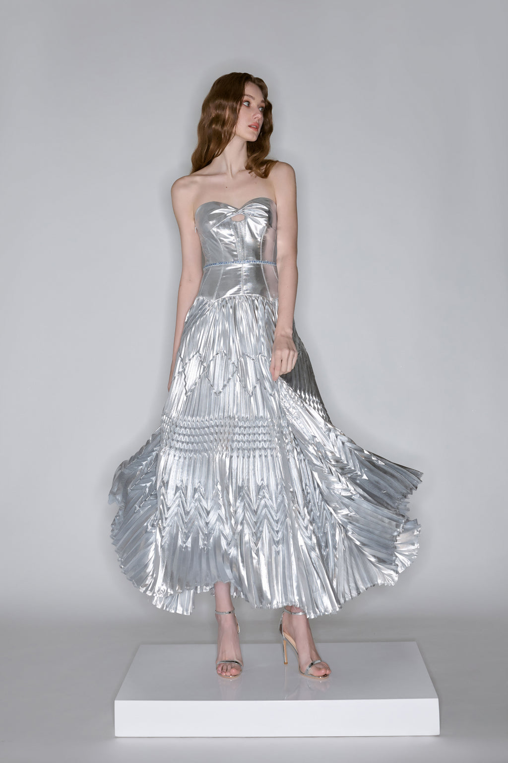 Silver Strapless Pleated Maxi Dress