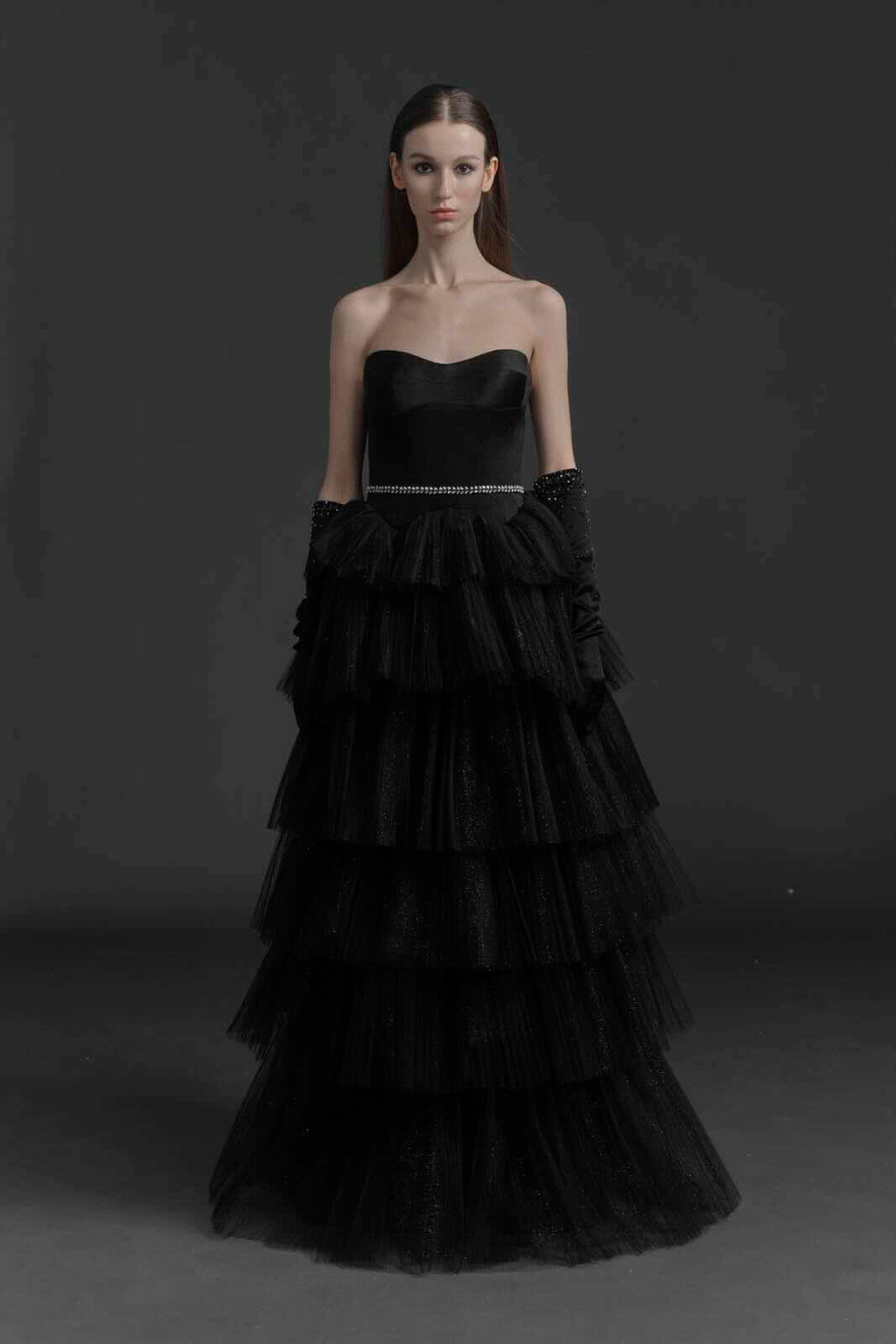 Black Pleated Tulle Evening Dress