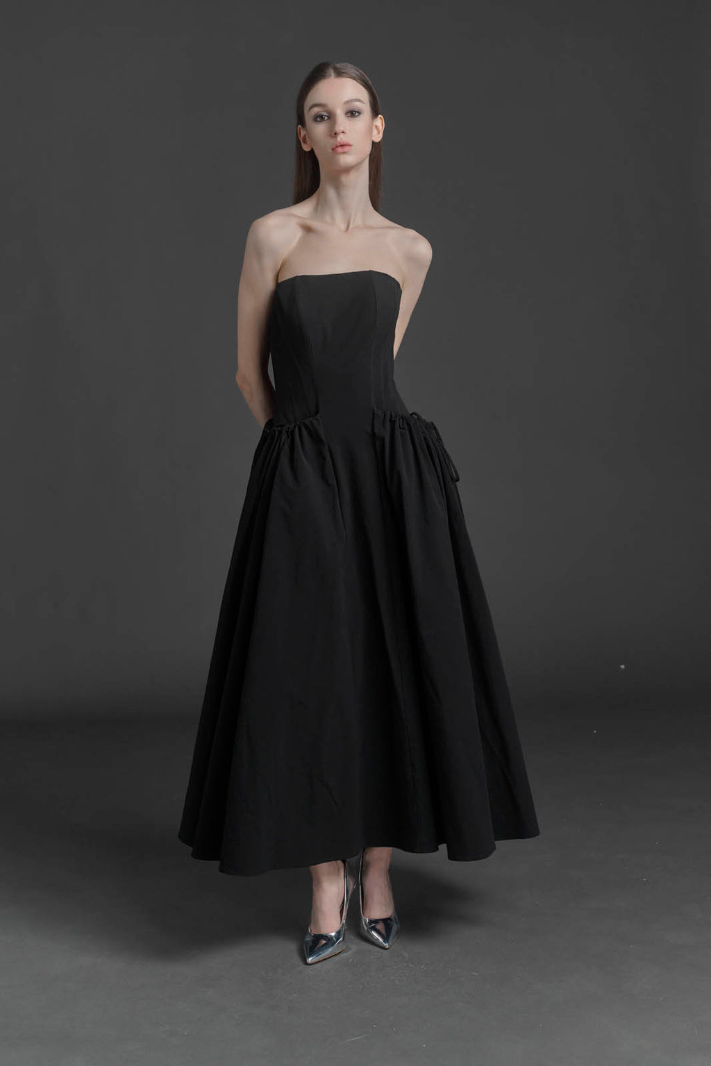 Black Strapless Drawstring Dress
