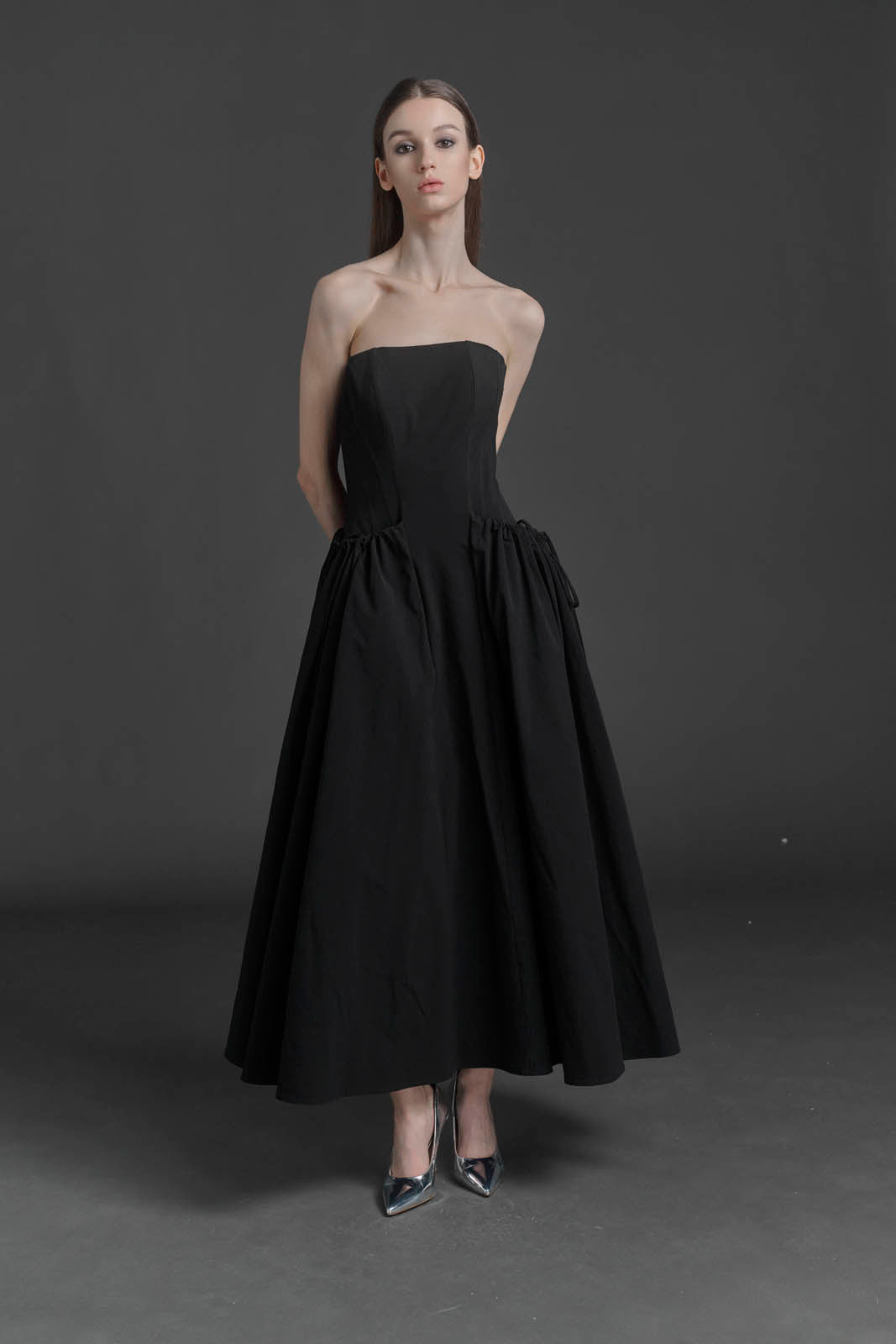 Black Strapless Drawstring Dress