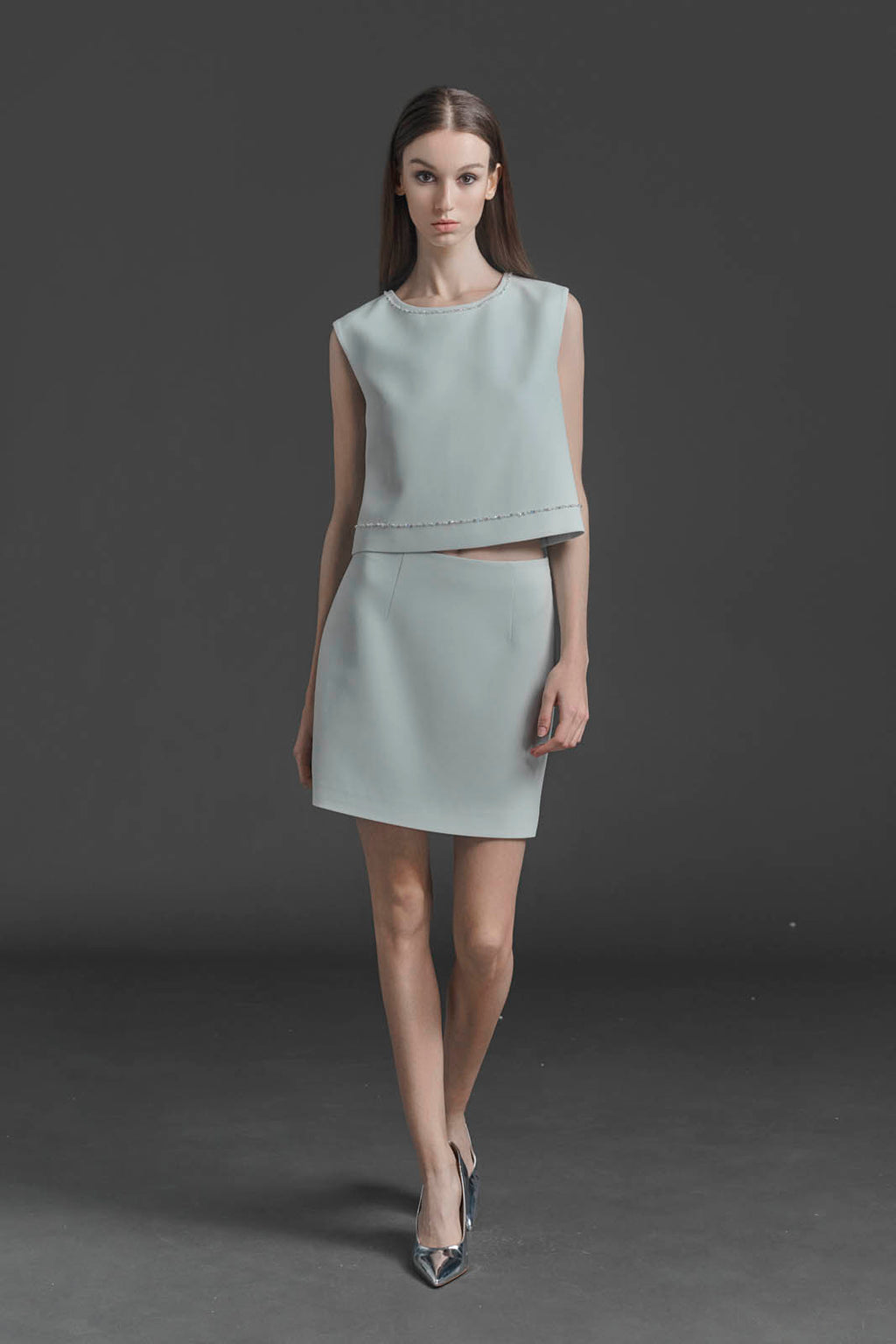 Beaded-Trim Sleeveless Crop Top