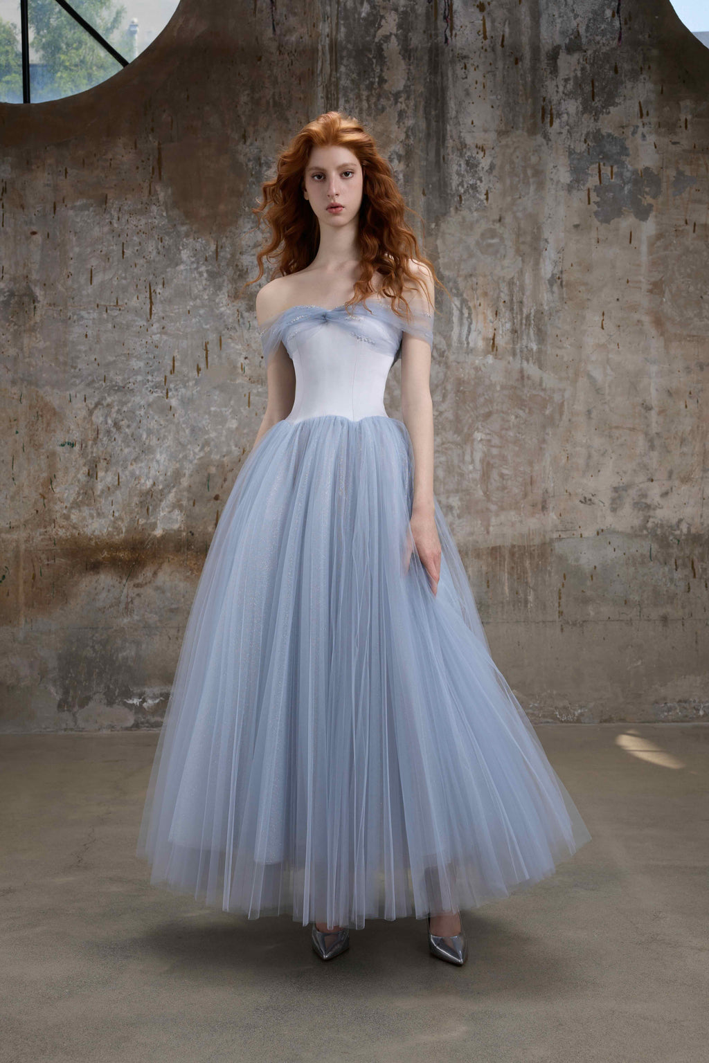 Blue Off-Shoulder Corset Maxi Dress