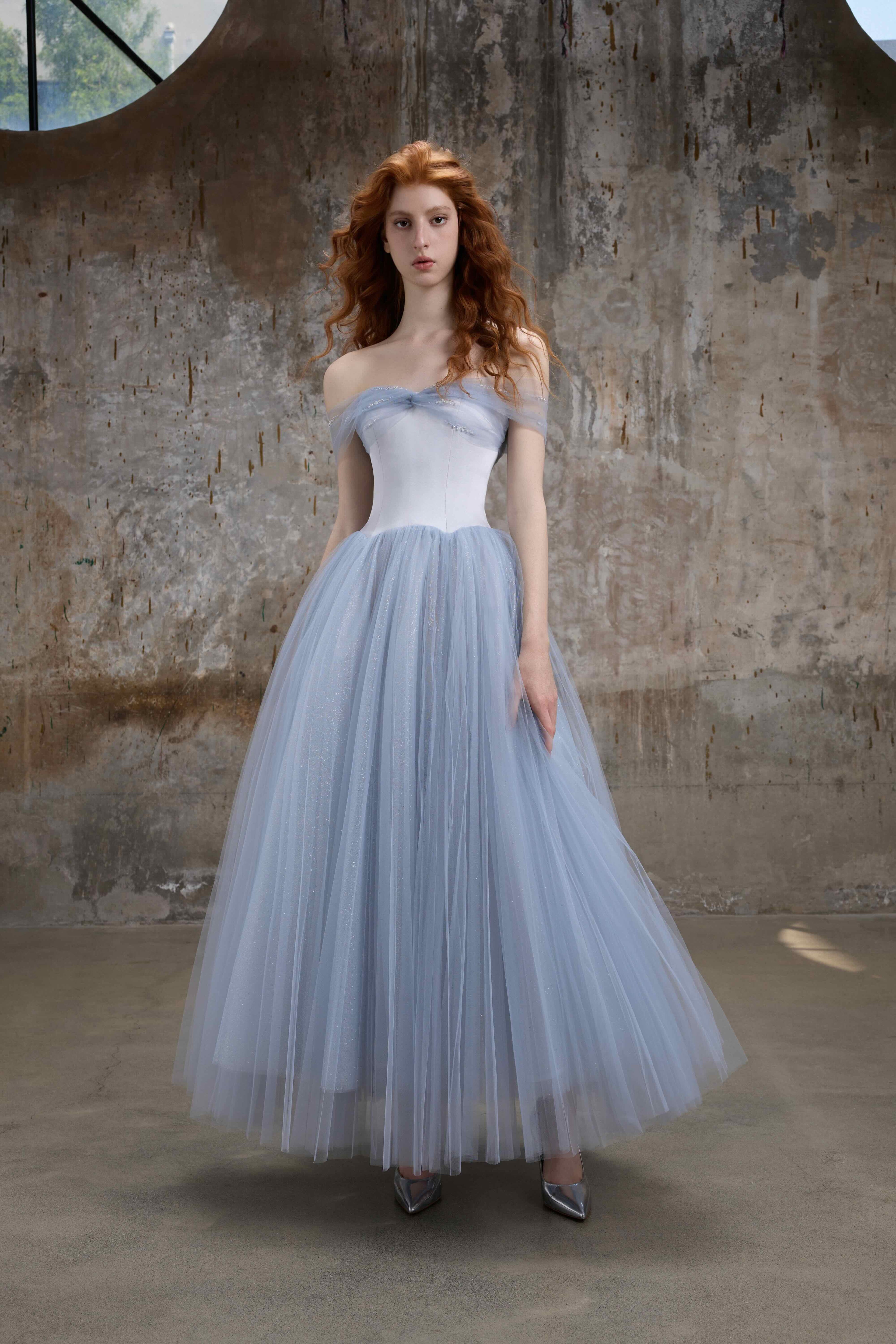 Blue Off-Shoulder Corset Maxi Dress