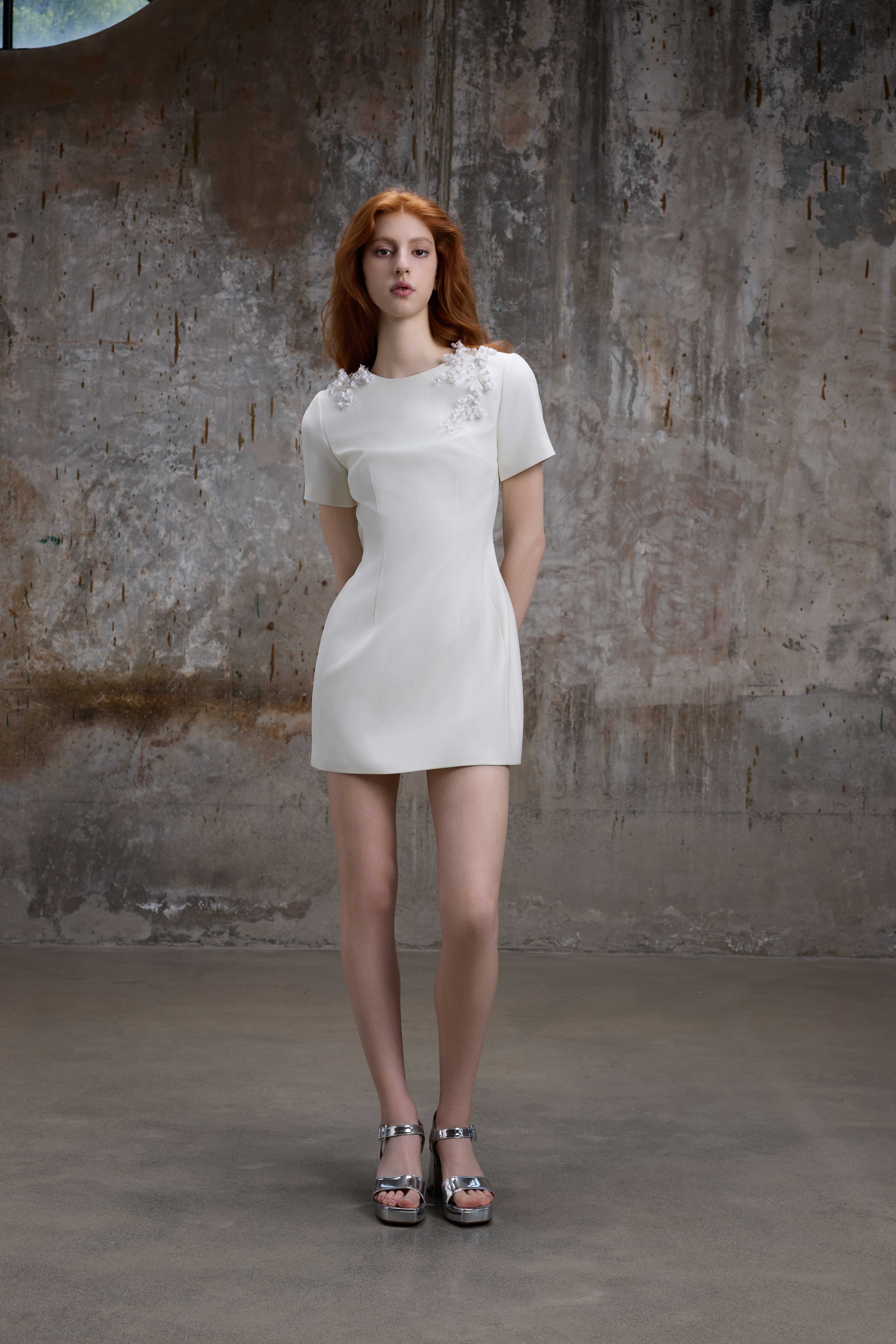 Ivory Flower Detail Mini Dress