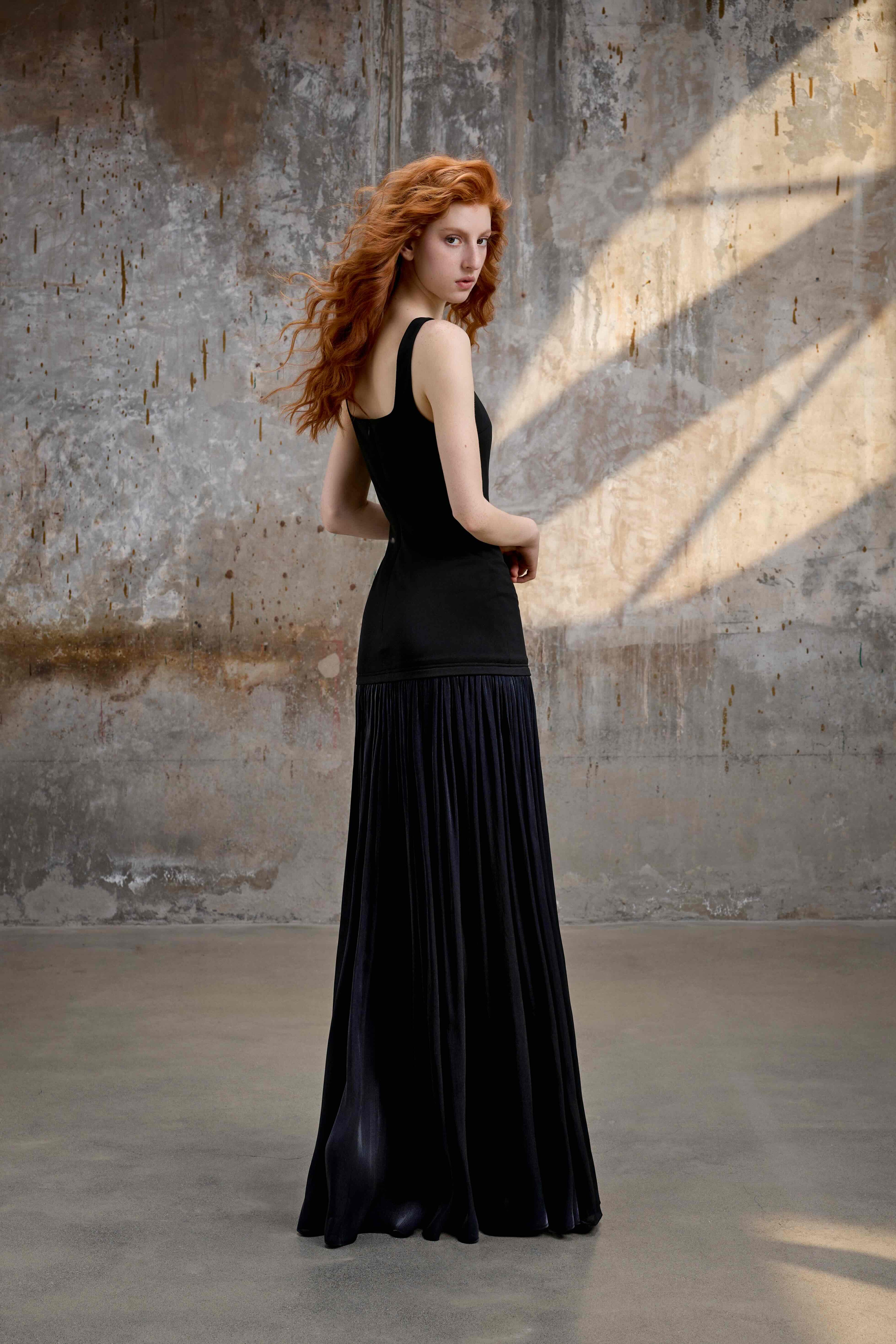 drop waist pleated maxi dress Women's Kallie Drop Waist Pleated Chiffon Maxi Dress XS/S/M/L/Customize Black and White Marble MEAN BLVD Customize / Black and White / Marble