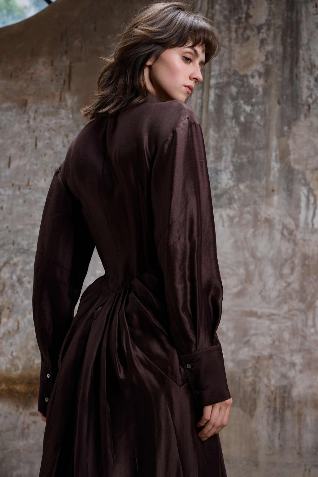 Coffee Silk Draped Shirt Dress