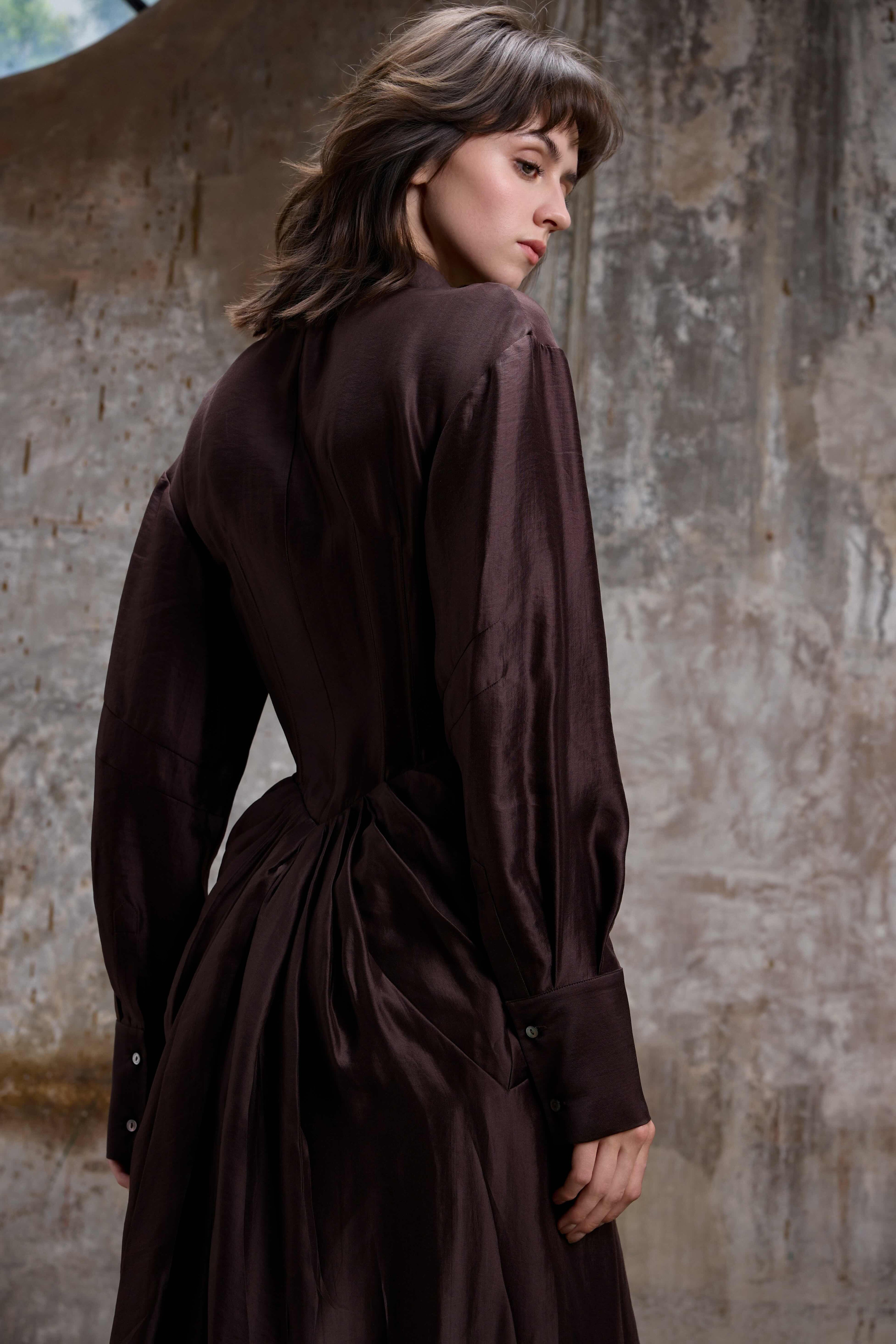 Coffee Silk Draped Shirt Dress