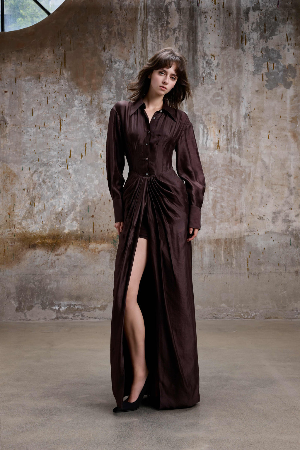Coffee Silk Draped Shirt Dress