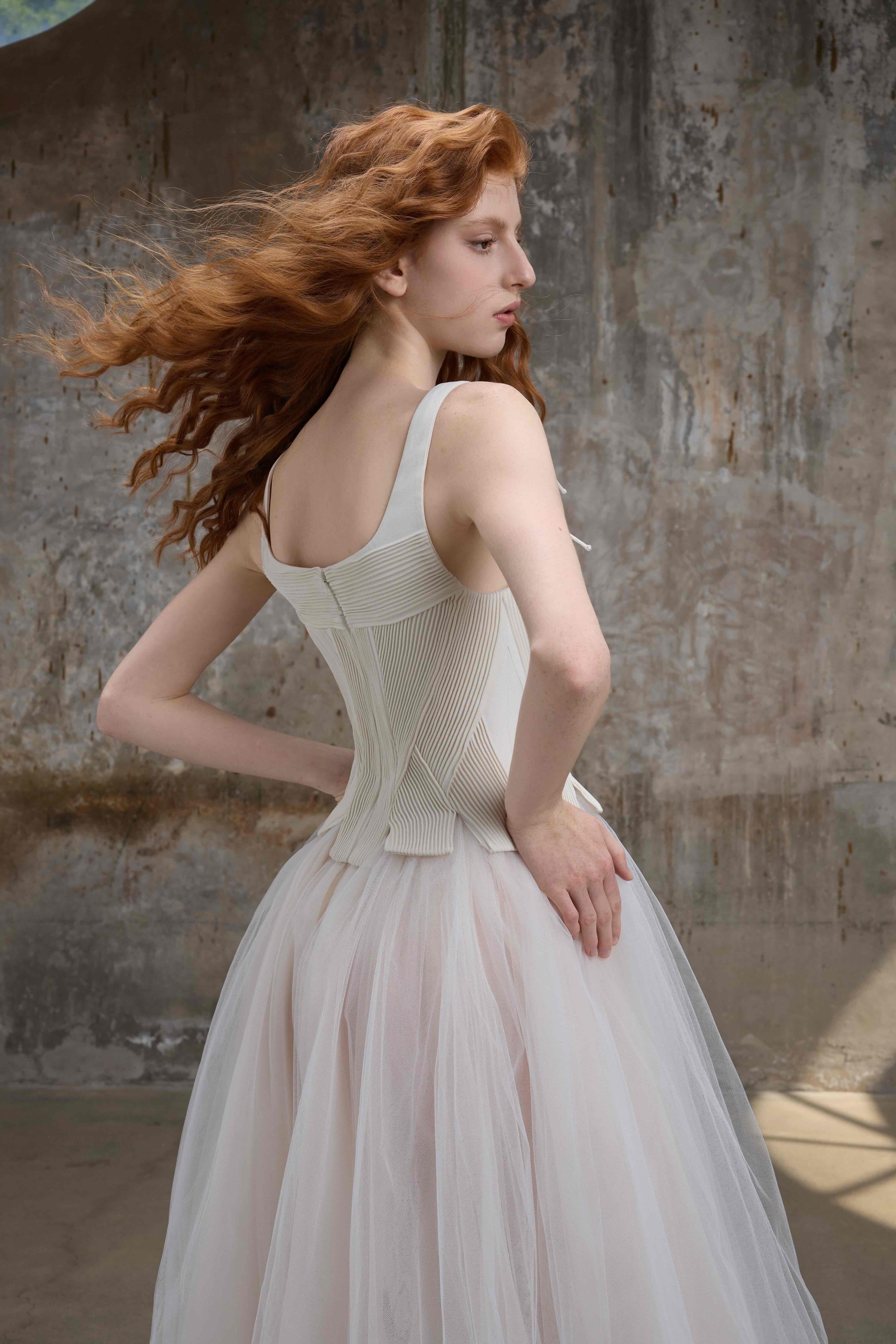 Ivory Ribbed Corset Tulle Gown