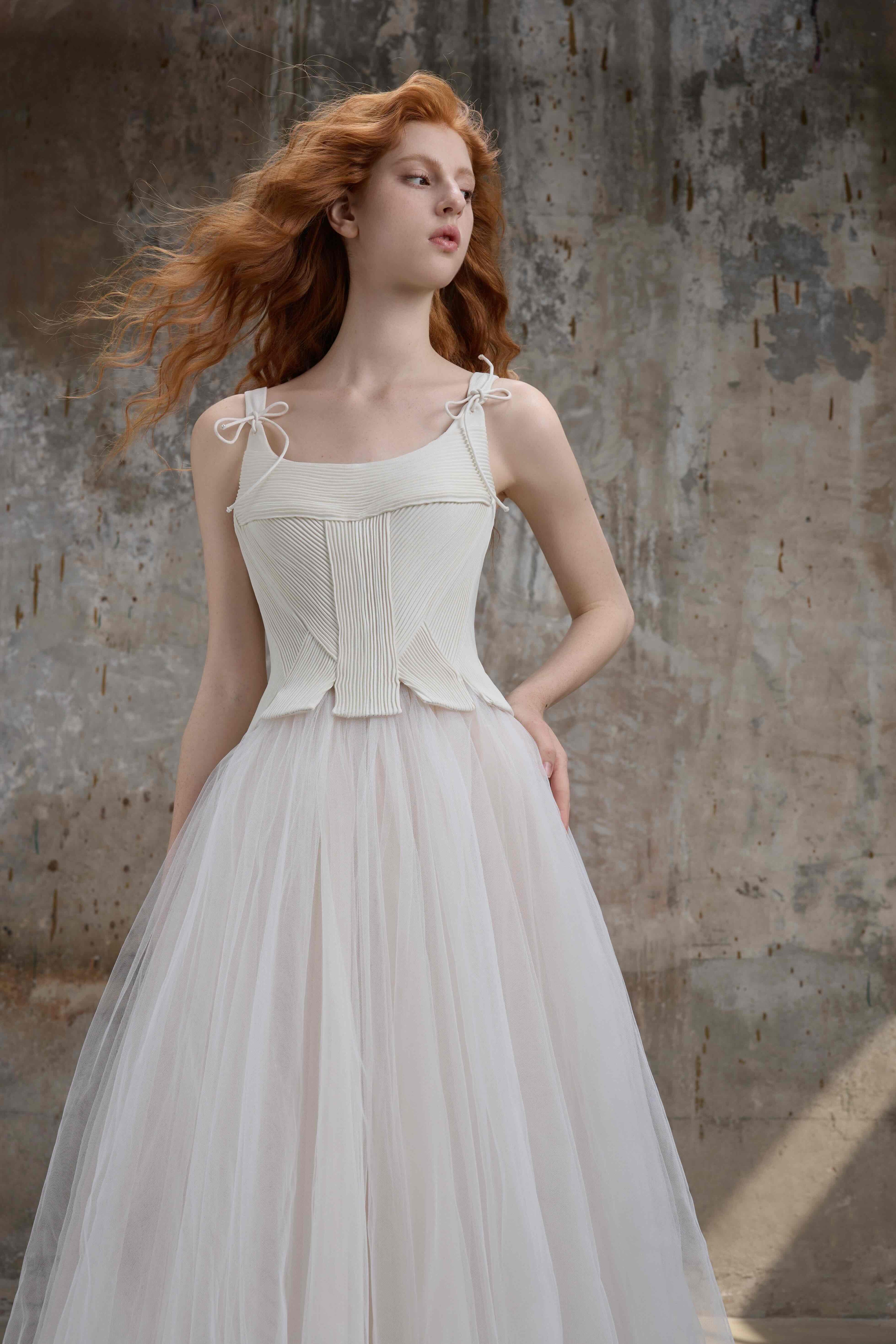 Ivory Ribbed Corset Tulle Gown