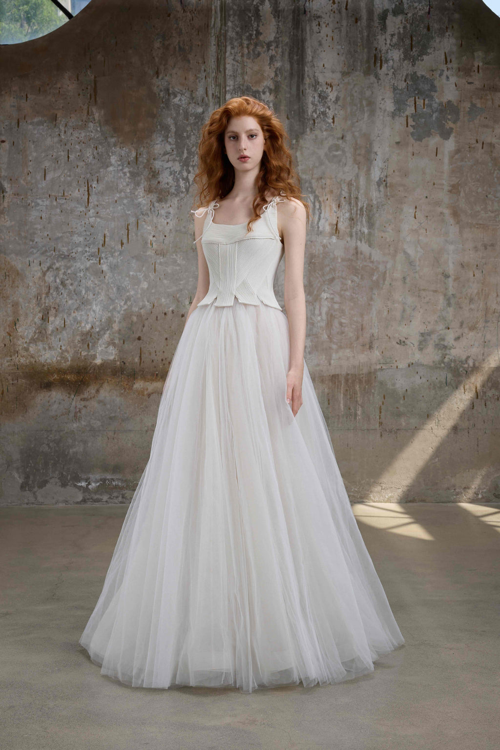 Ivory Ribbed Corset Tulle Gown