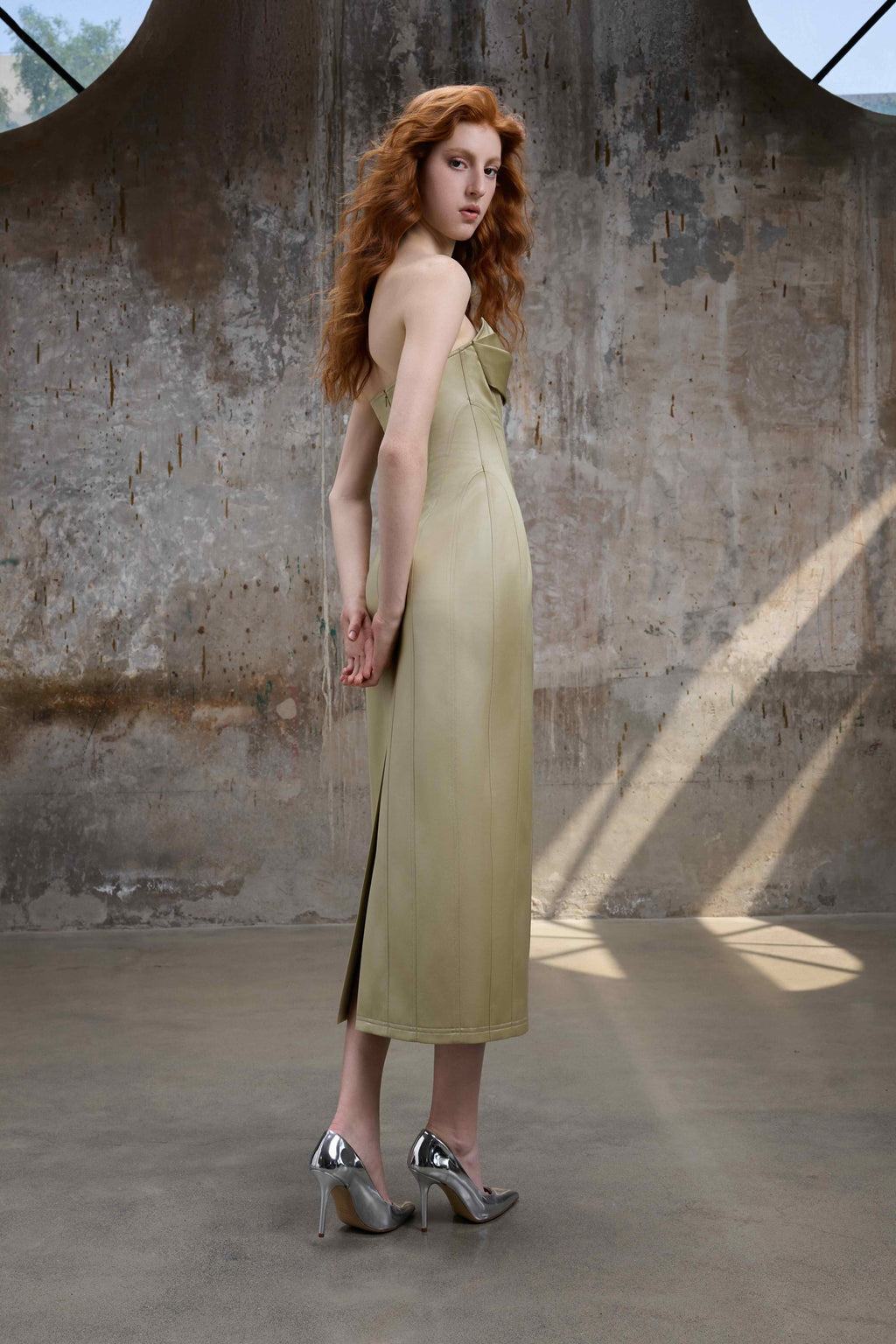 Champagne Green Structured Strapless Midi Dress