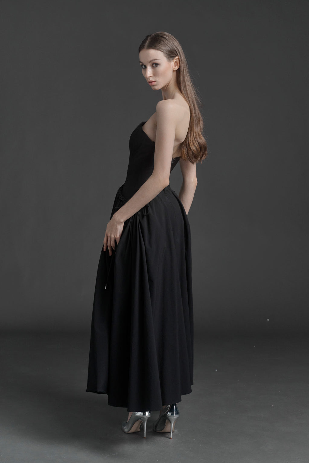 Black Strapless Drawstring Dress